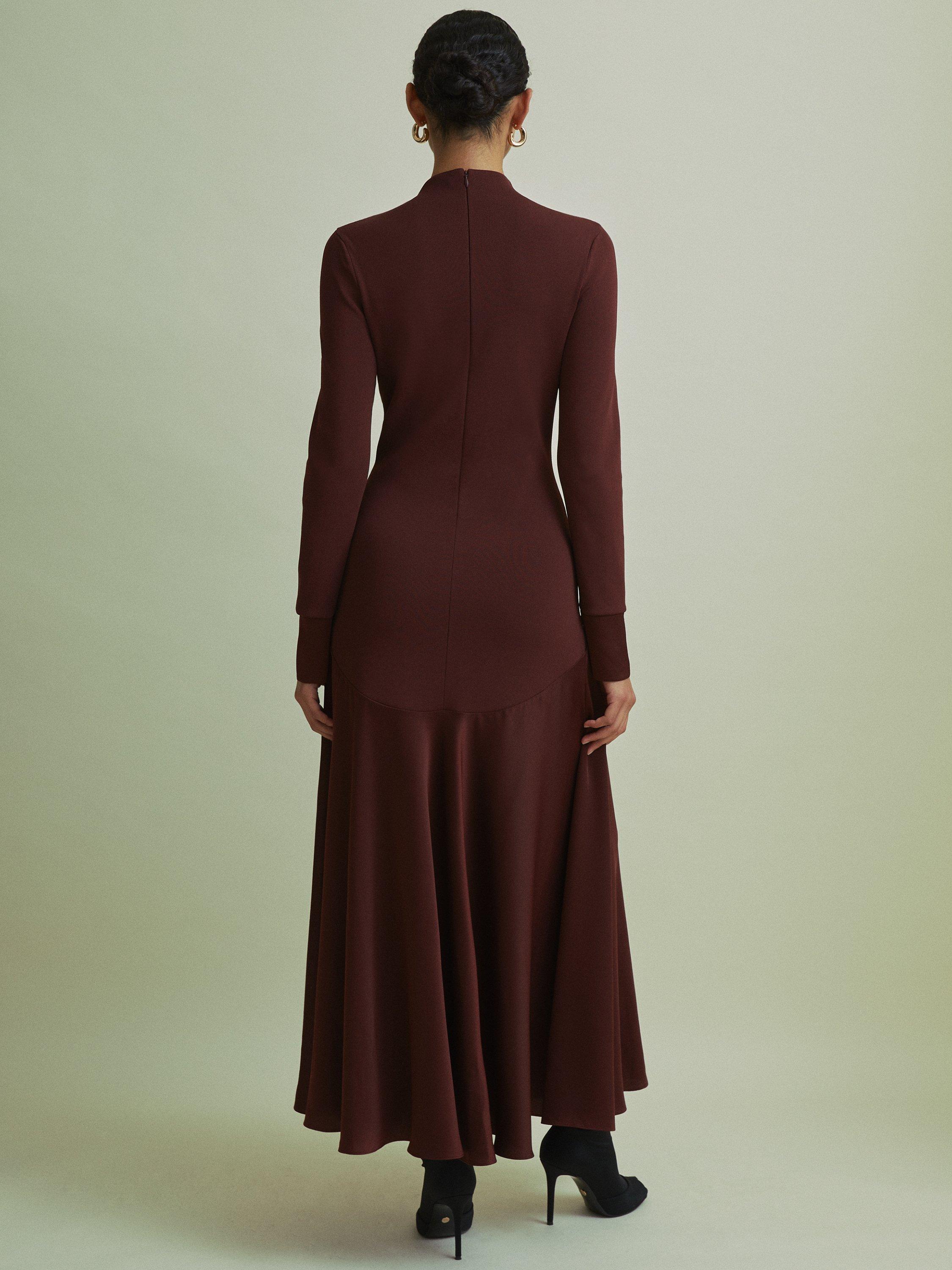 FLORERE Knit Top Woven Skirt Midi Dress Burgundy