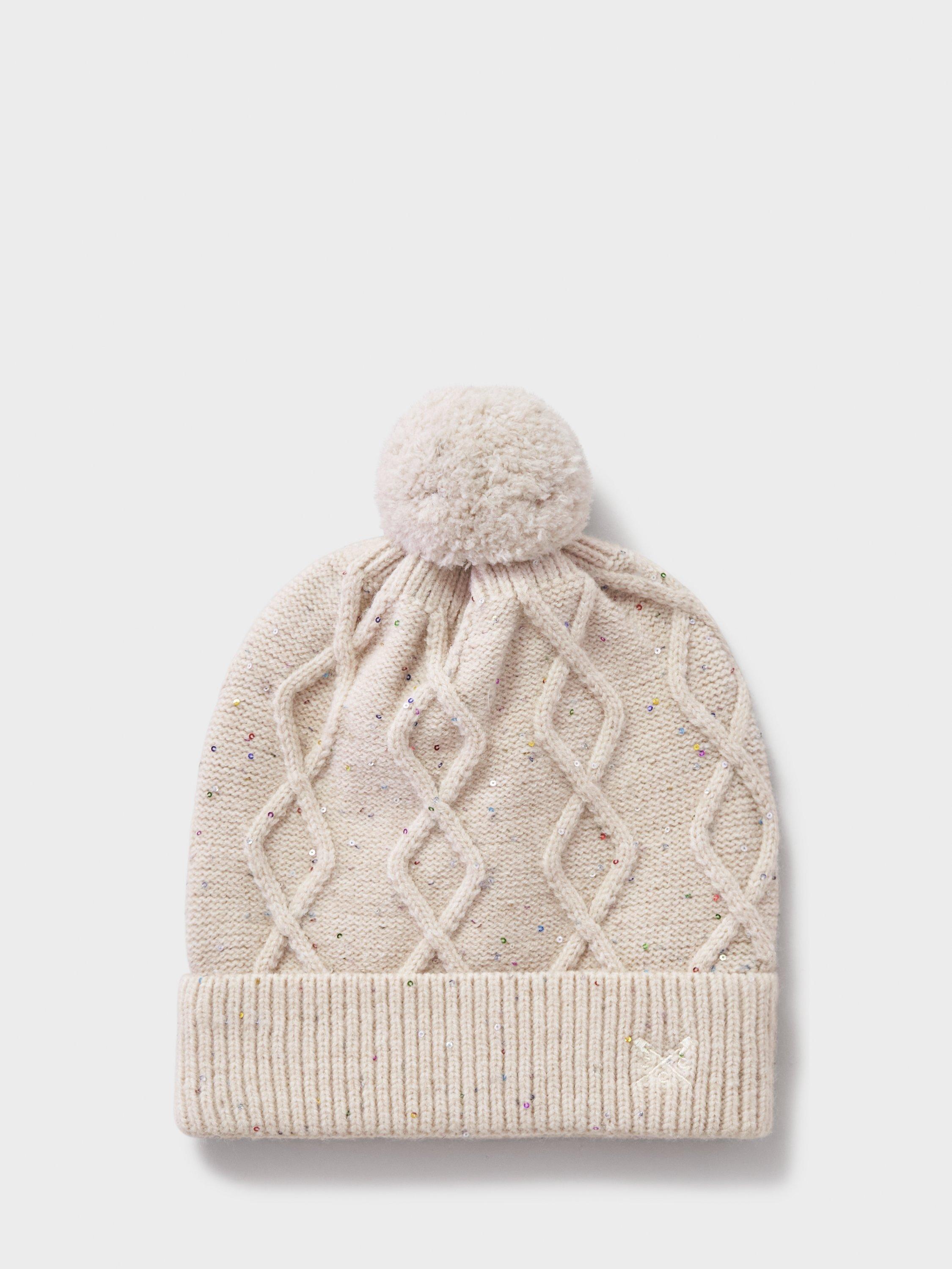 Crew Clothing Glitterball Cable Knit Bobble Hat, Oatmeal