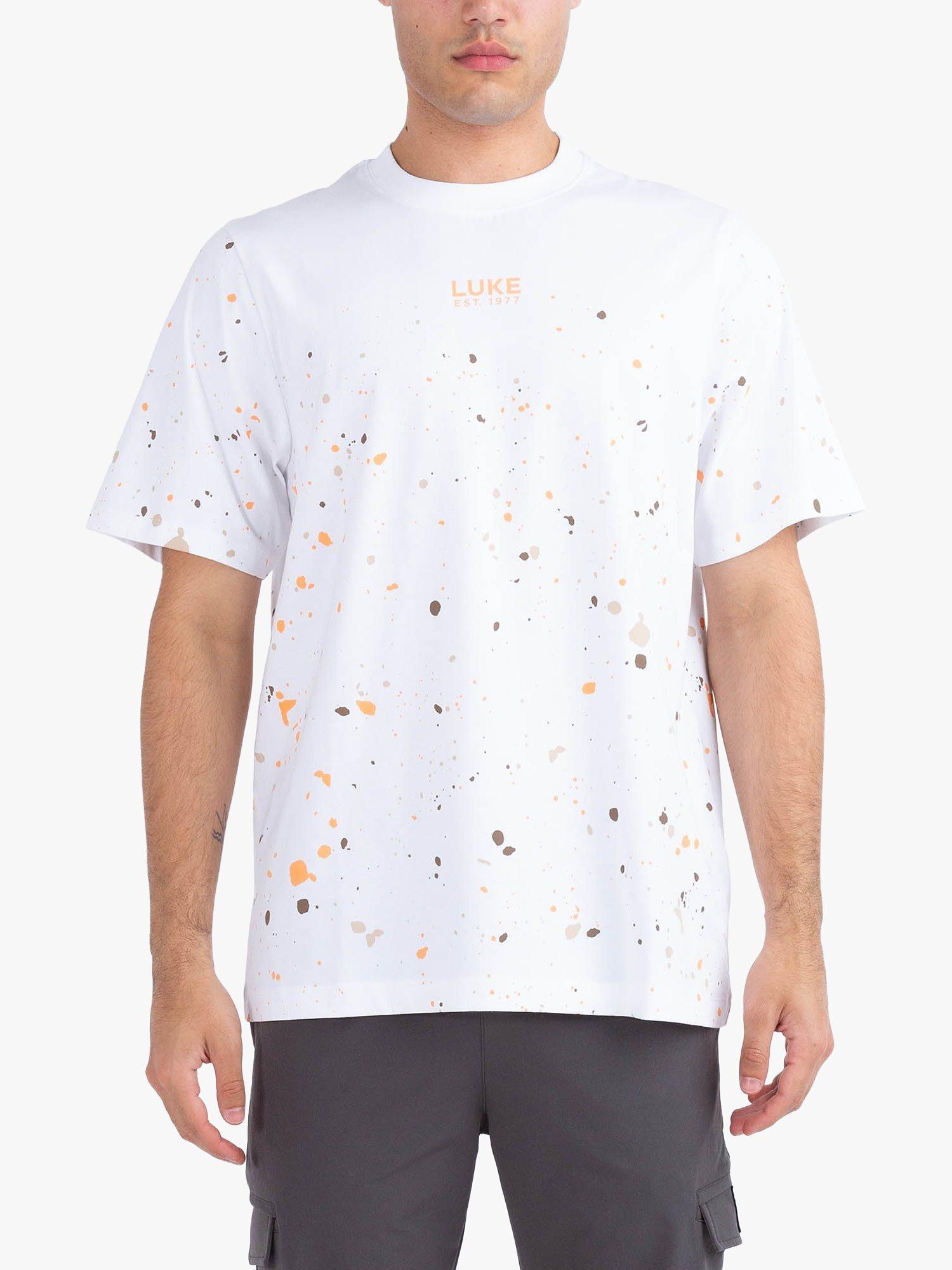 Product image 1 of 5, which shows LUKE 1977 St Kitts Paint Splatter Relaxed Fit T-Shirt, White/Nectarine, XS