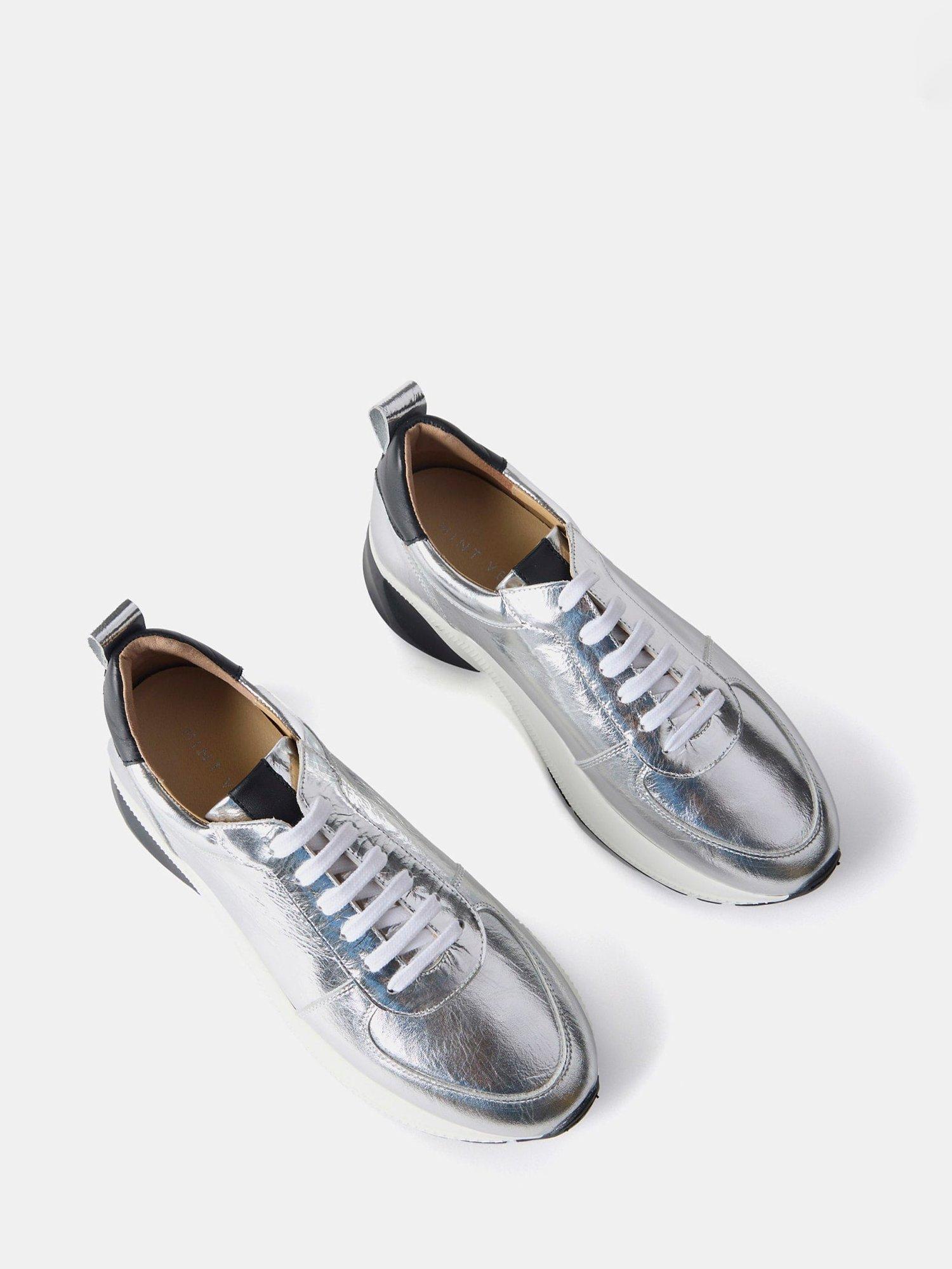 Mint Velvet High Shine Leather Trainers Silver
