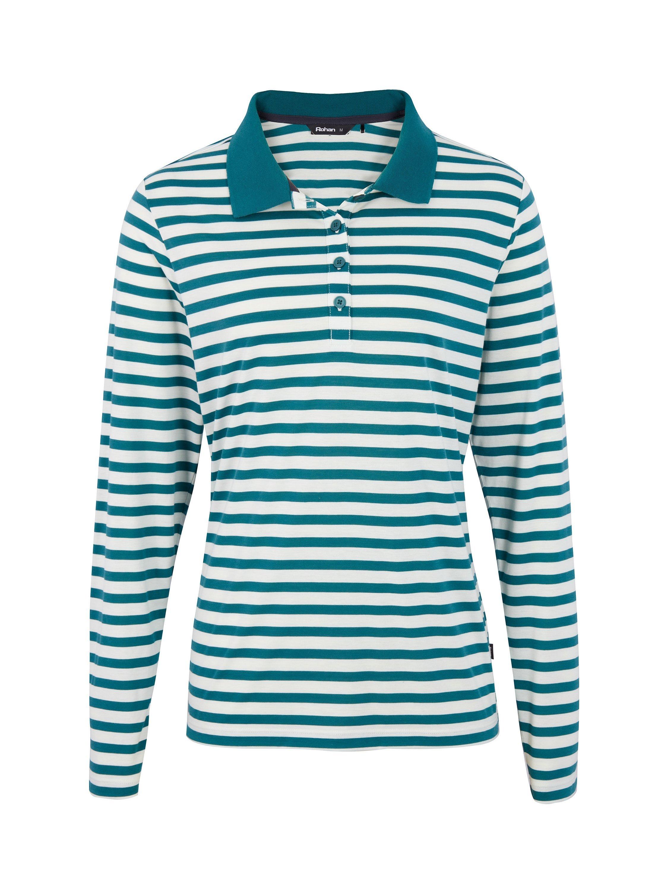 Product image 3 of 6, which shows Rohan Women's Long Sleeve Shoreline Polo Top, Marine Teal/Ecru, S