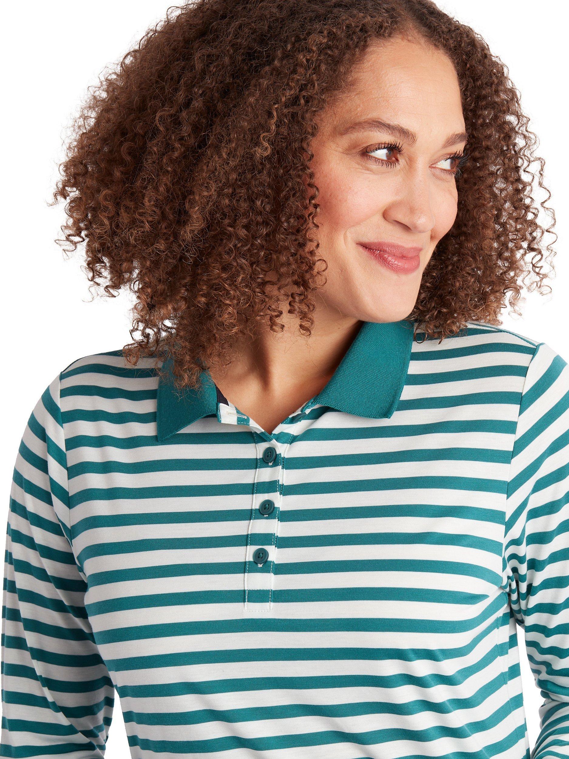 Product image 5 of 6, which shows Rohan Women's Long Sleeve Shoreline Polo Top, Marine Teal/Ecru, S