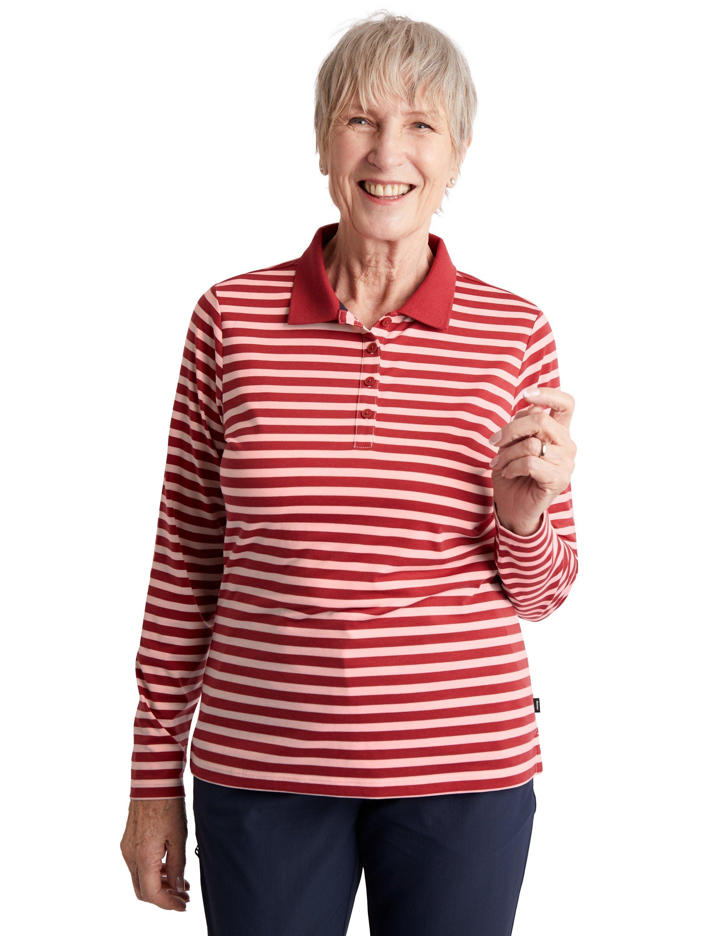 Product image 1 of 5, which shows Rohan Women's Long Sleeve Shoreline Polo Top, Ecru/Carissa Red, S