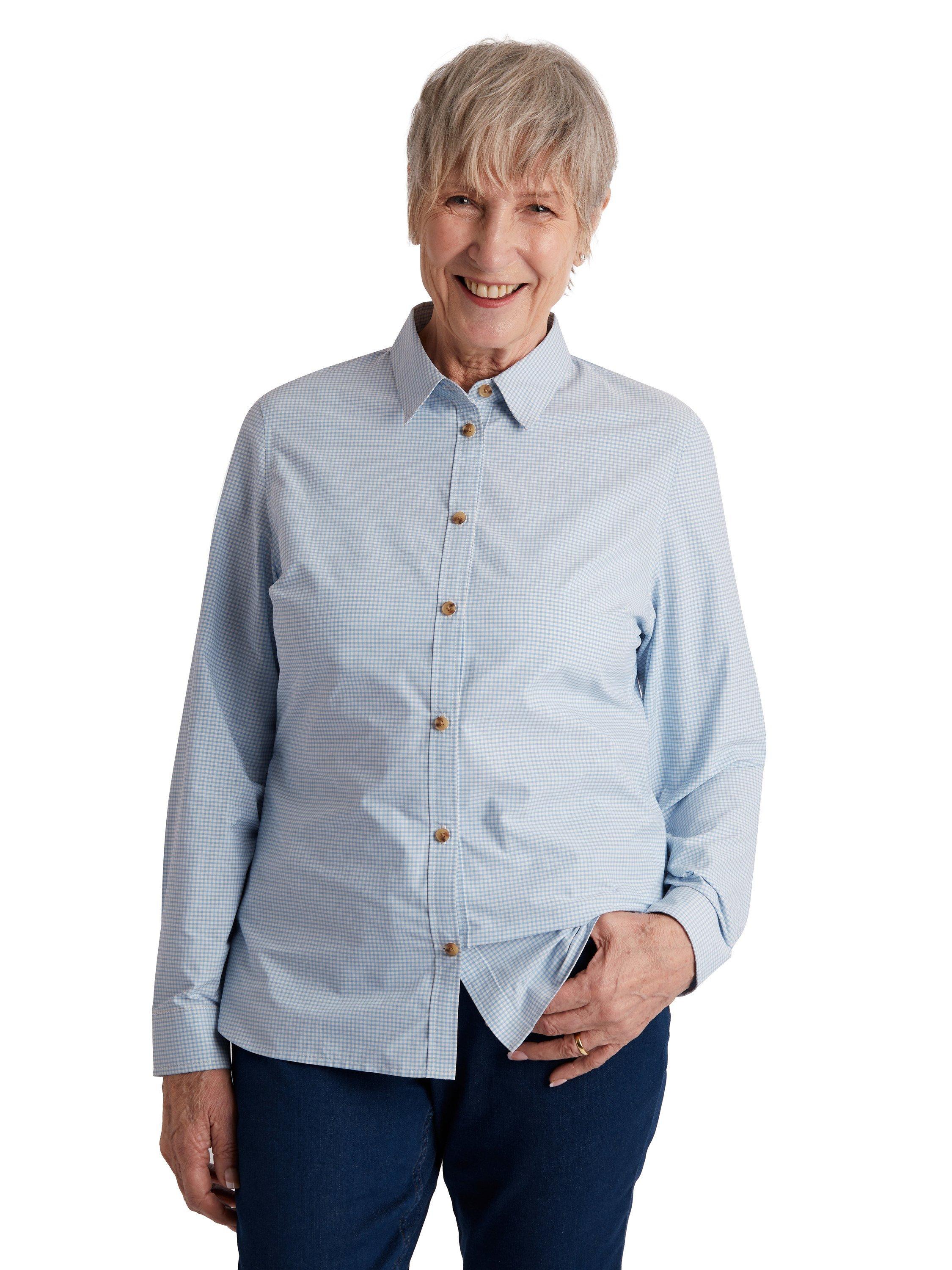 Product image 1 of 5, which shows Rohan Women's Eave Long Sleeve Shirt, Chambrayblue/White, 8