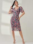 Jolie Moi Abstract Floral Wrap Front Mesh Bodycon Dress, Teal/Multi