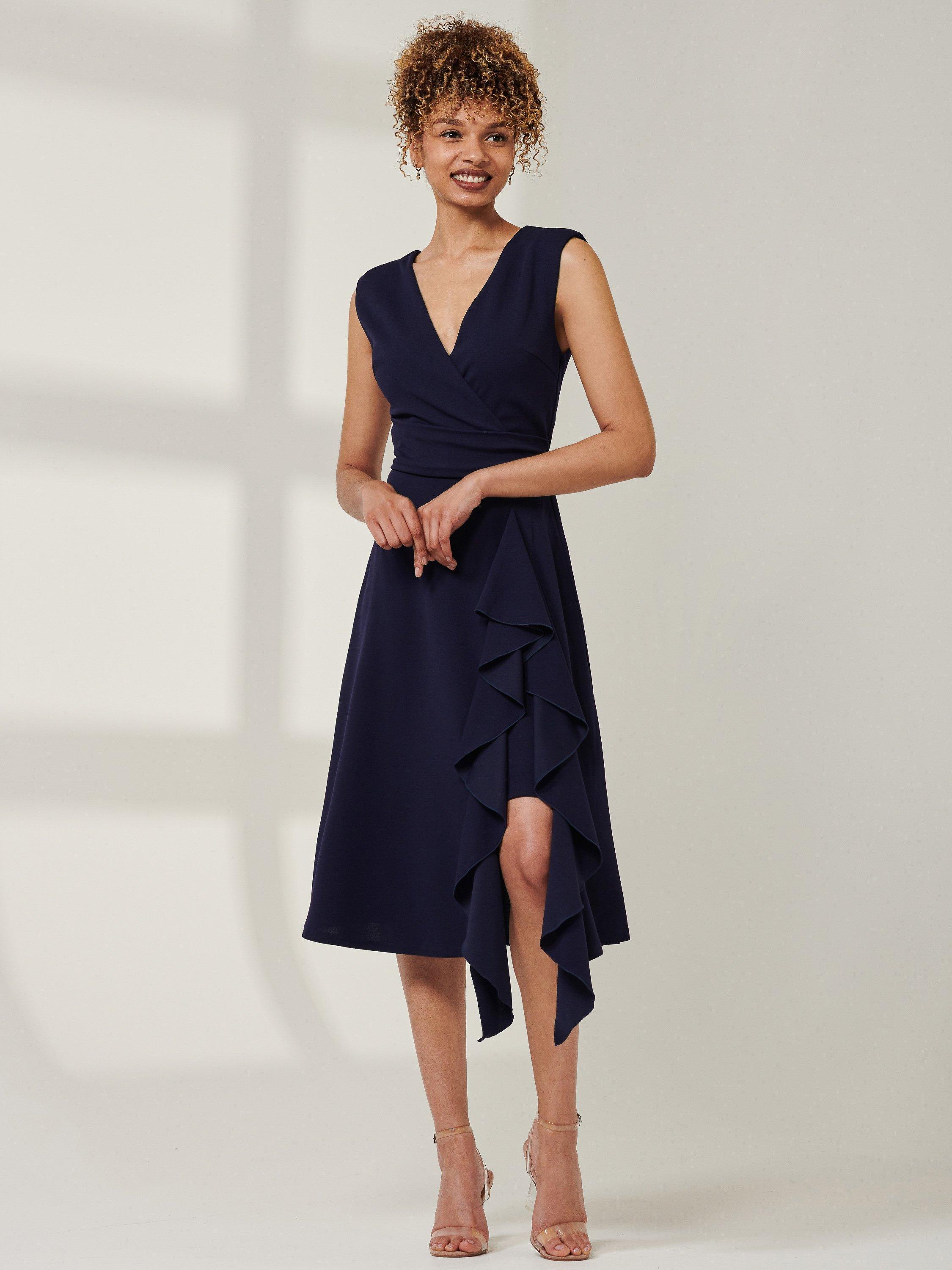 Jolie Moi Qiana Ruffle Detail Midi Dress Navy