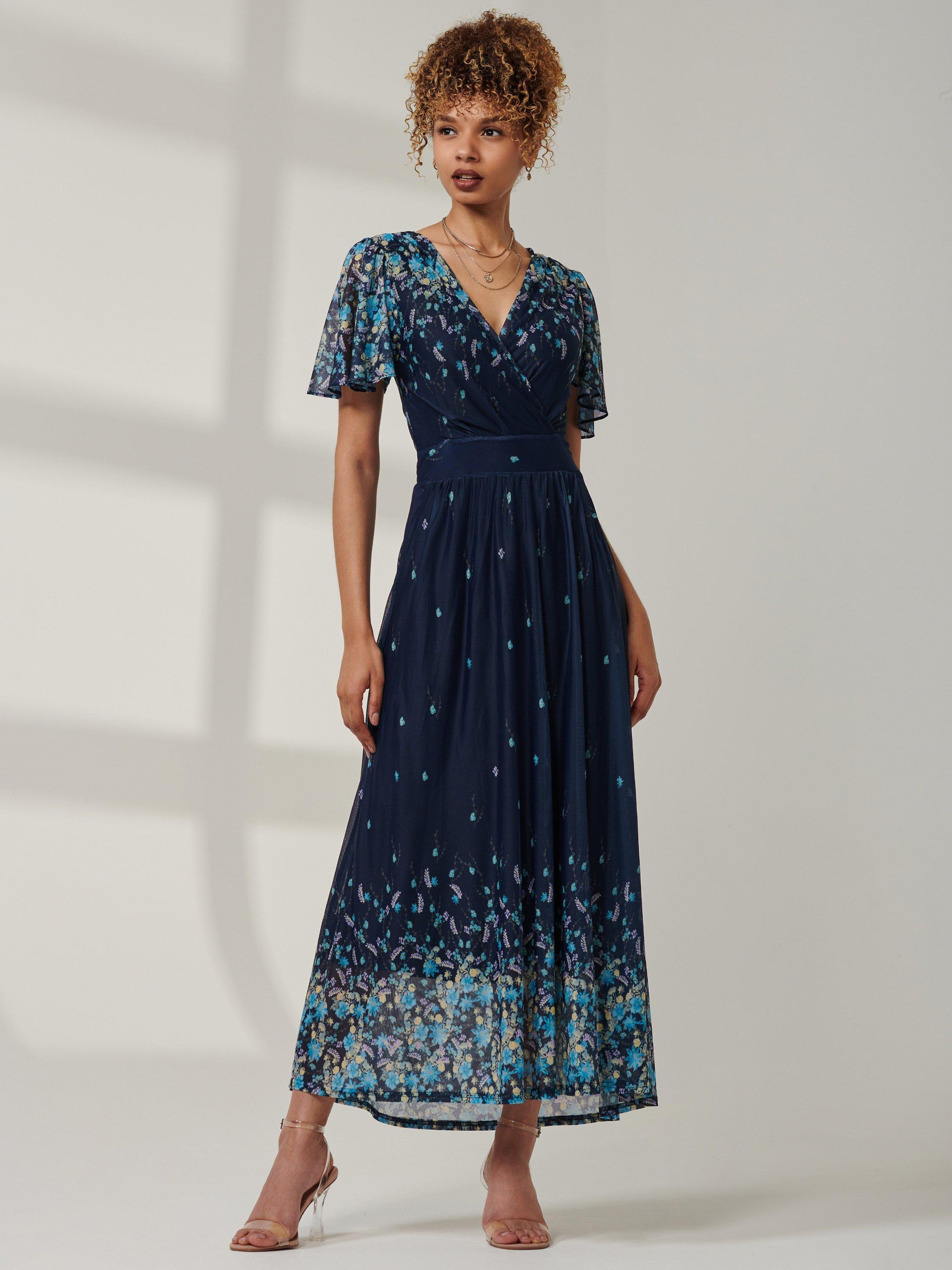 Product image 1 of 6, which shows Jolie Moi Mirrored Floral Mesh Maxi Dress, Blue/Multi, 8