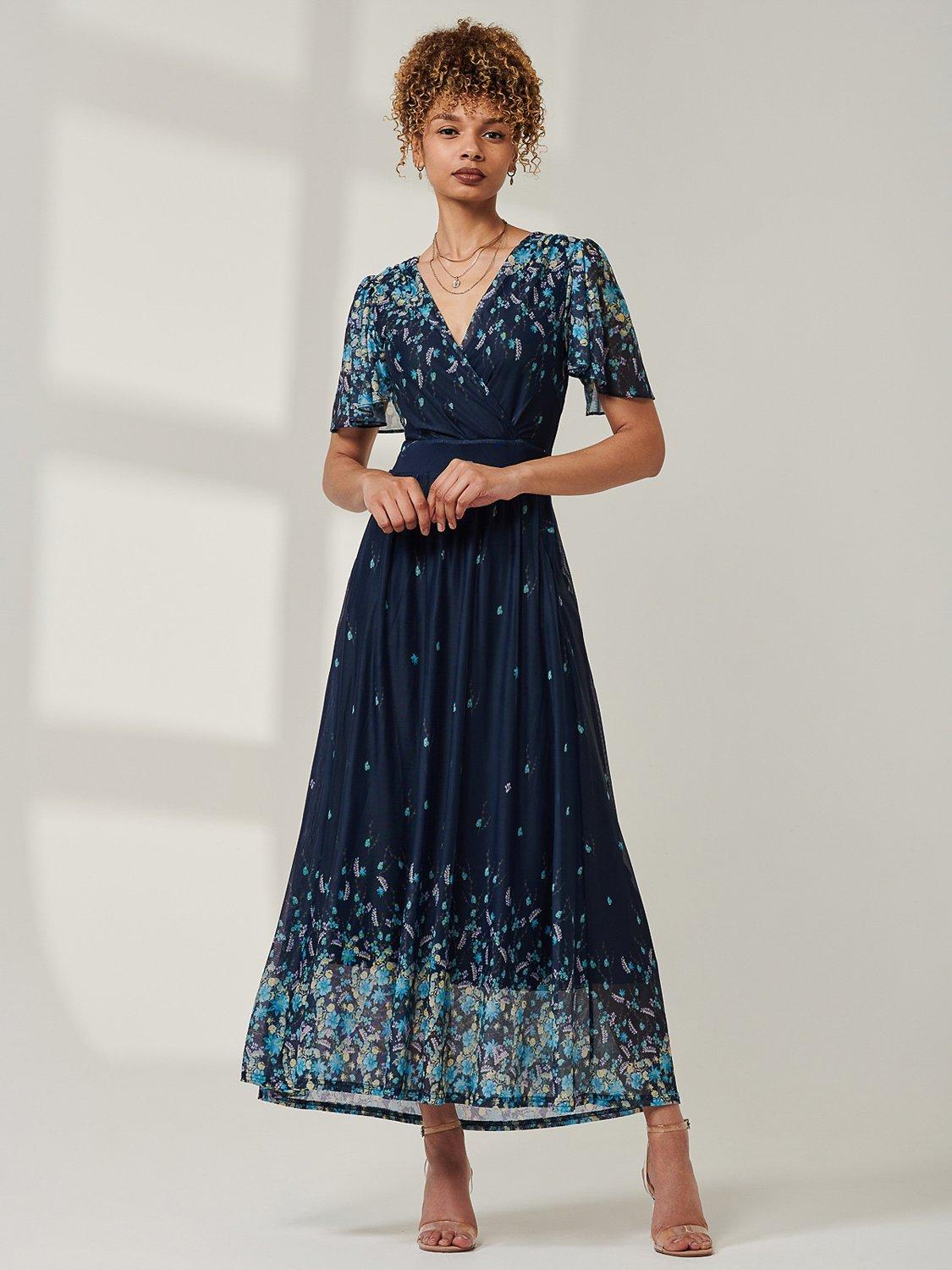 Product image 3 of 6, which shows Jolie Moi Mirrored Floral Mesh Maxi Dress, Blue/Multi, 8