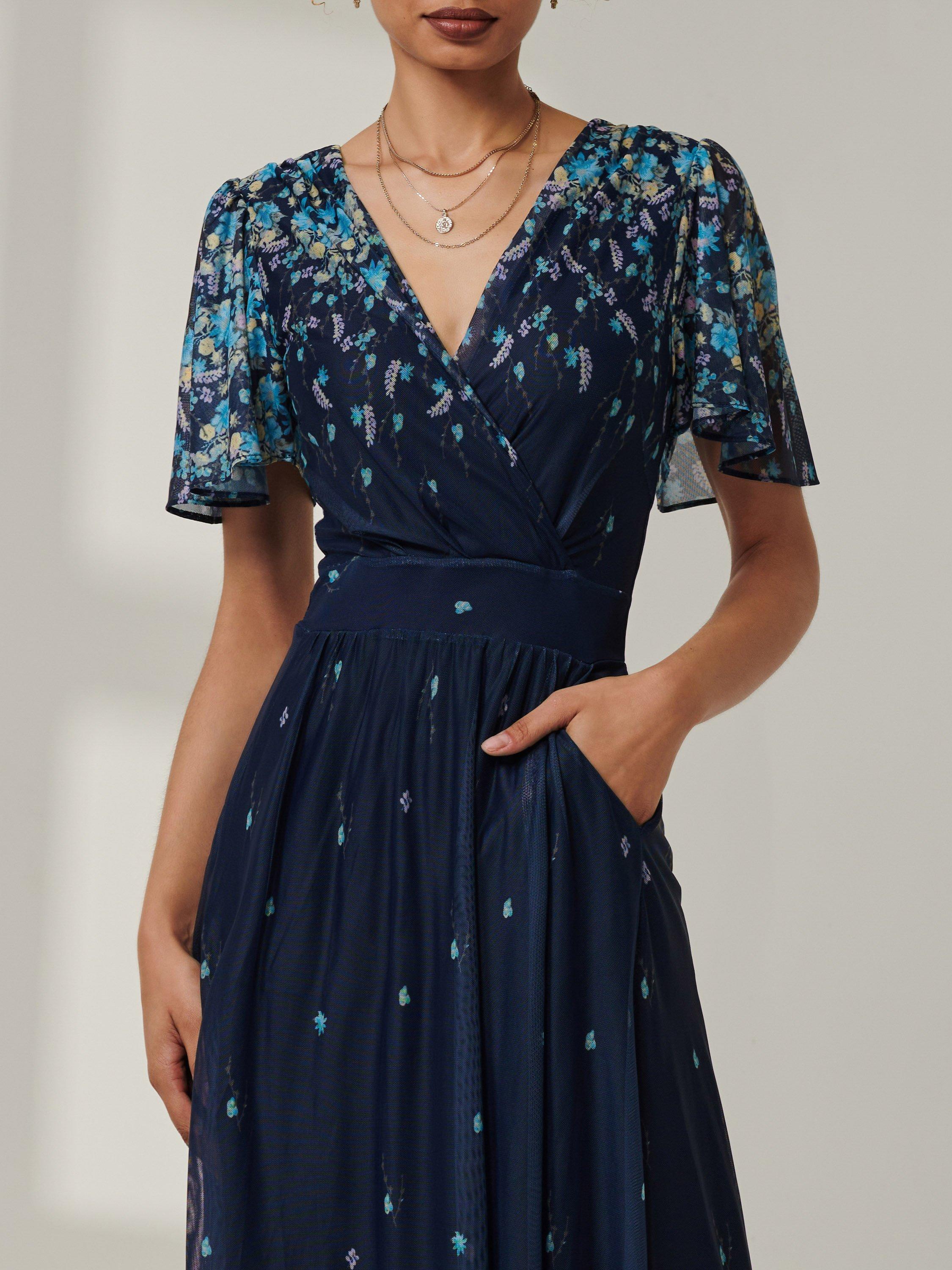 Product image 4 of 6, which shows Jolie Moi Mirrored Floral Mesh Maxi Dress, Blue/Multi, 8