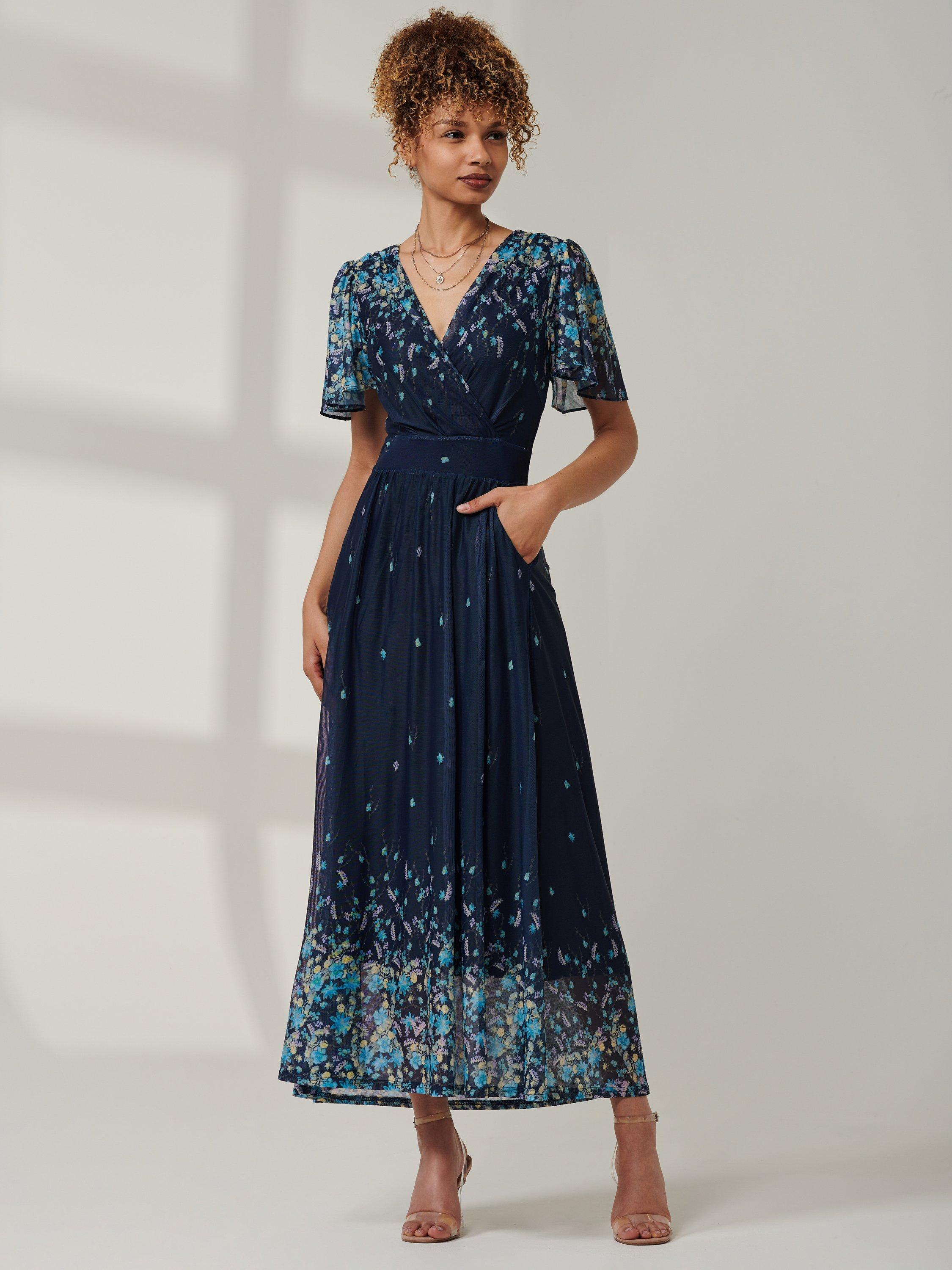 Product image 6 of 6, which shows Jolie Moi Mirrored Floral Mesh Maxi Dress, Blue/Multi, 8