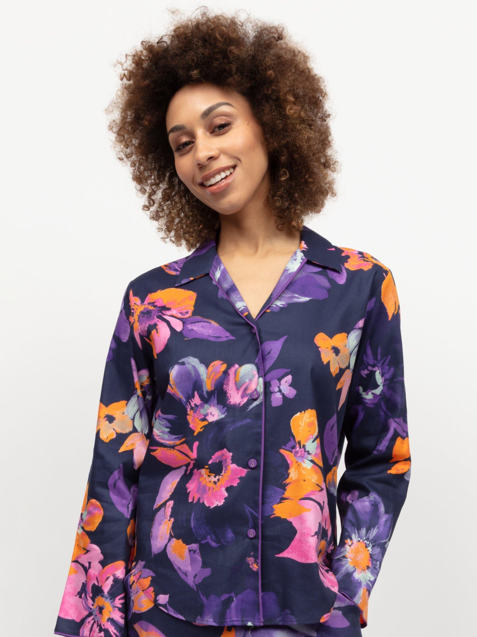 Product image 2 of 4, which shows Cyberjammies Edie Floral Long Sleeve Pyjama Top, Navy, 8
