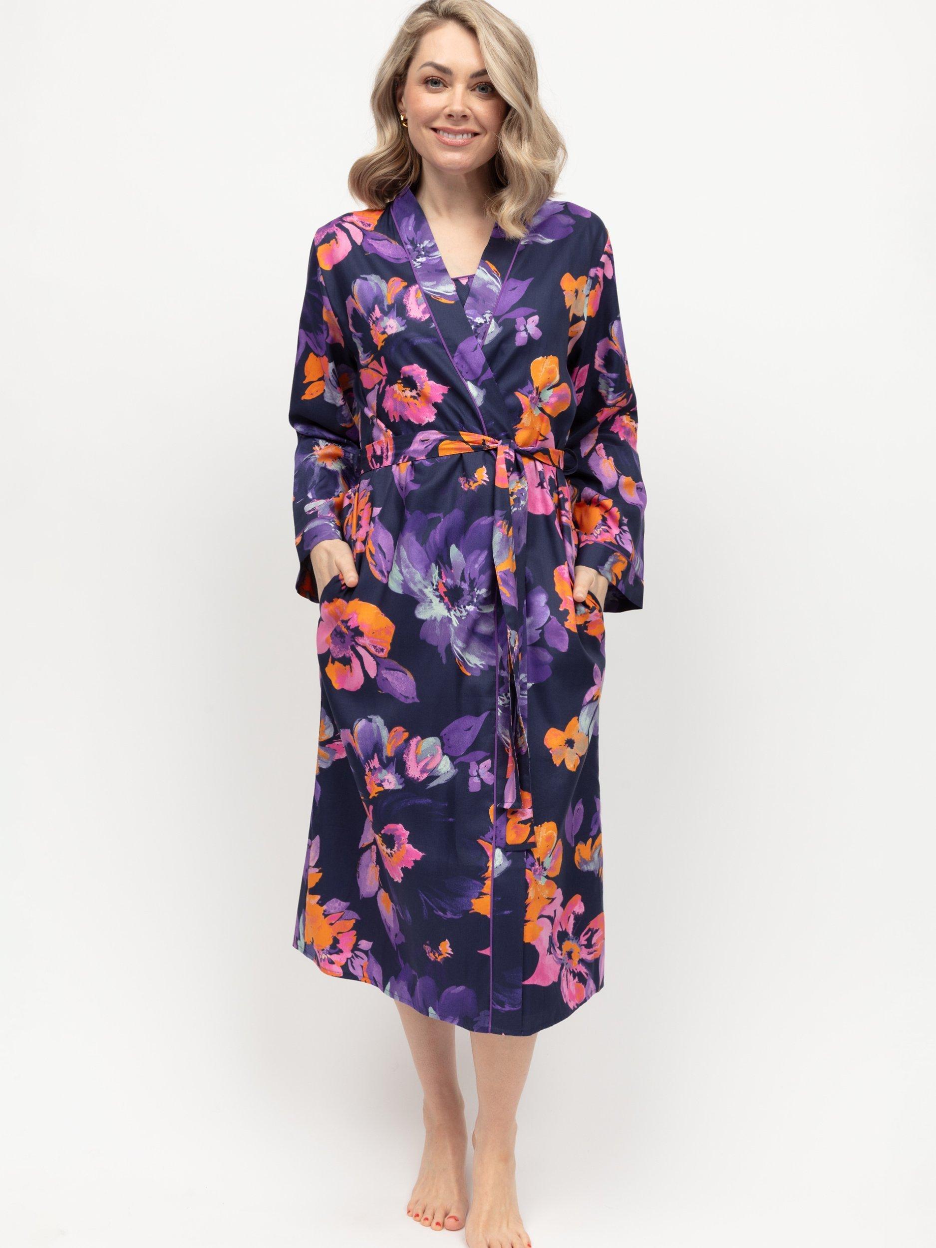 Product image 2 of 4, which shows Cyberjammies Edie Floral Long Dressing Gown, Navy, 6