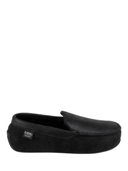 totes Isotoner Men's Square Pattern Smart Moccasin Slippers, Black