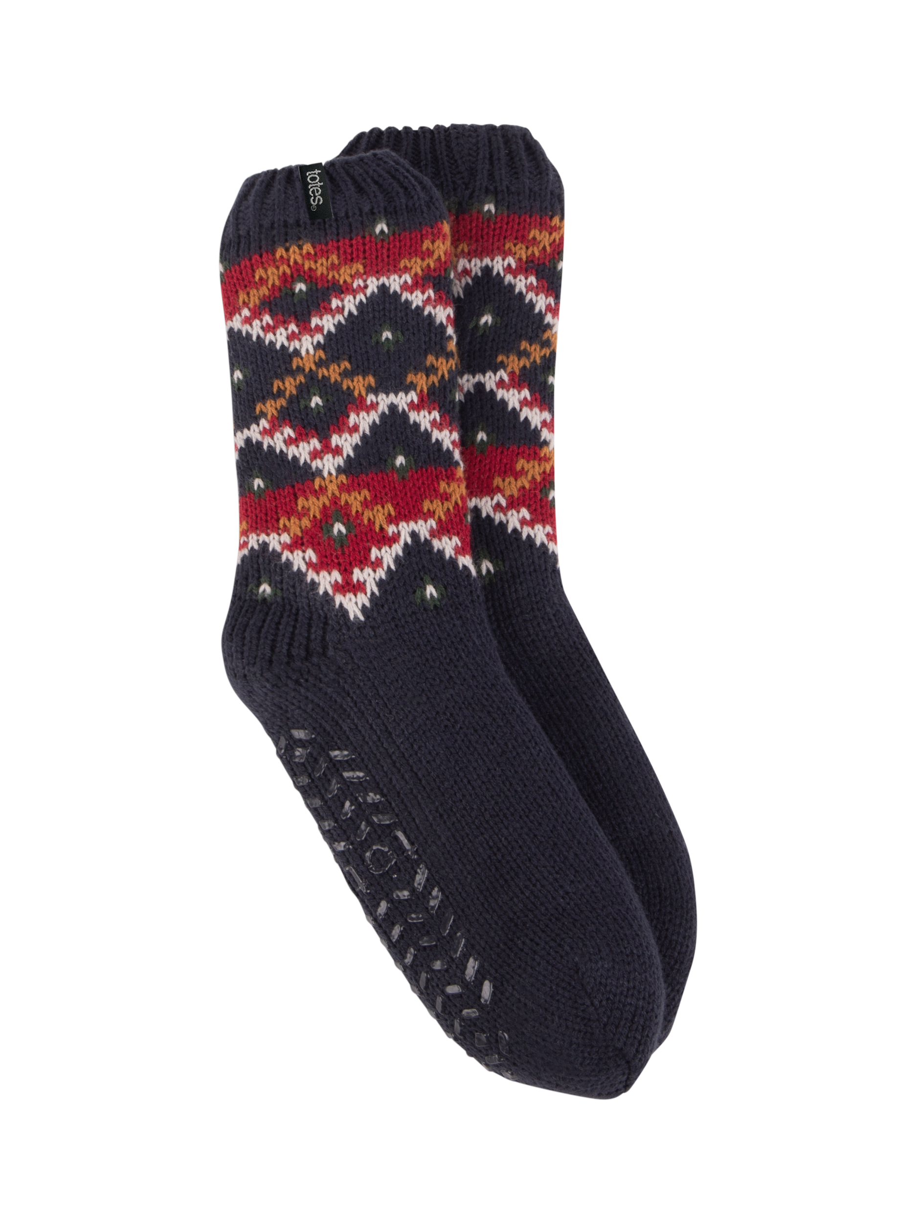 Product image 1 of 5, which shows totes Men's Sherpa Lined Multi Fair Isle Slipper Socks, Navy/Multi