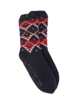 totes Men's Sherpa Lined Multi Fair Isle Slipper Socks, Navy/Multi, Navy/Multi