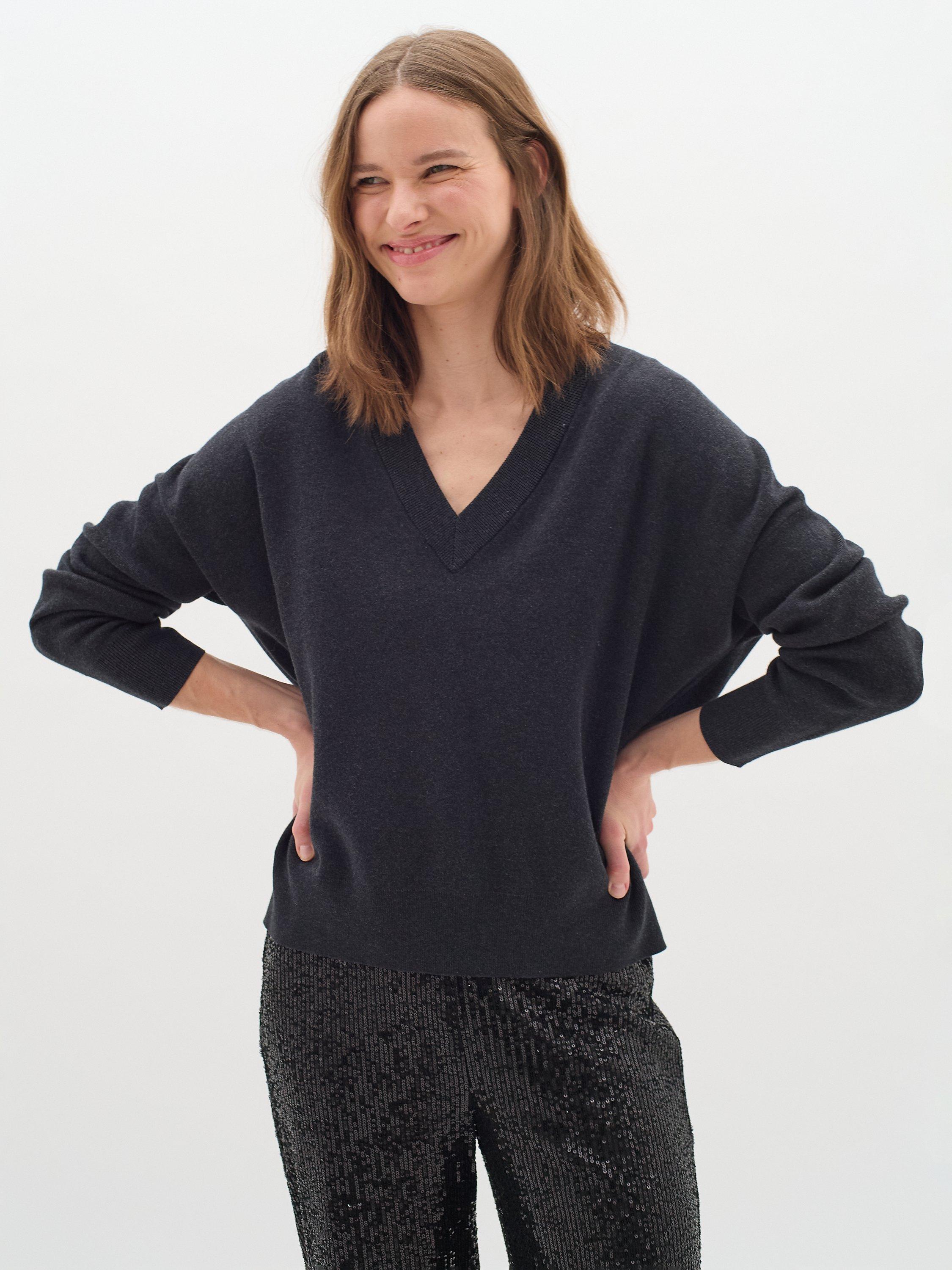Product image 1 of 6, which shows InWear Foster V-Neck Cotton Jumper, Dark Grey Melange, XS