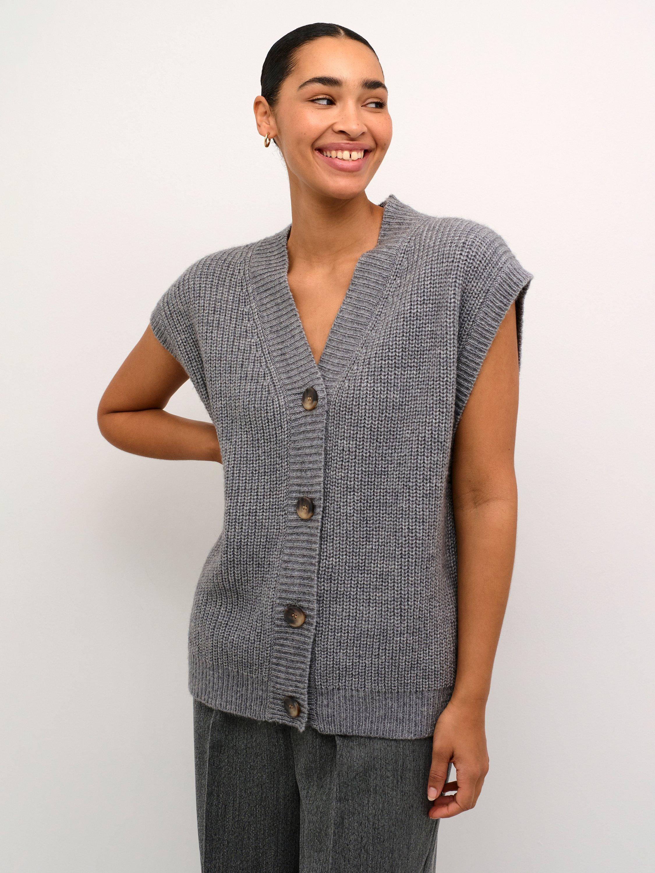 Product image 1 of 6, which shows KAFFE Nellia Sleeveless Wool Blend Cardigan, Grey, XS