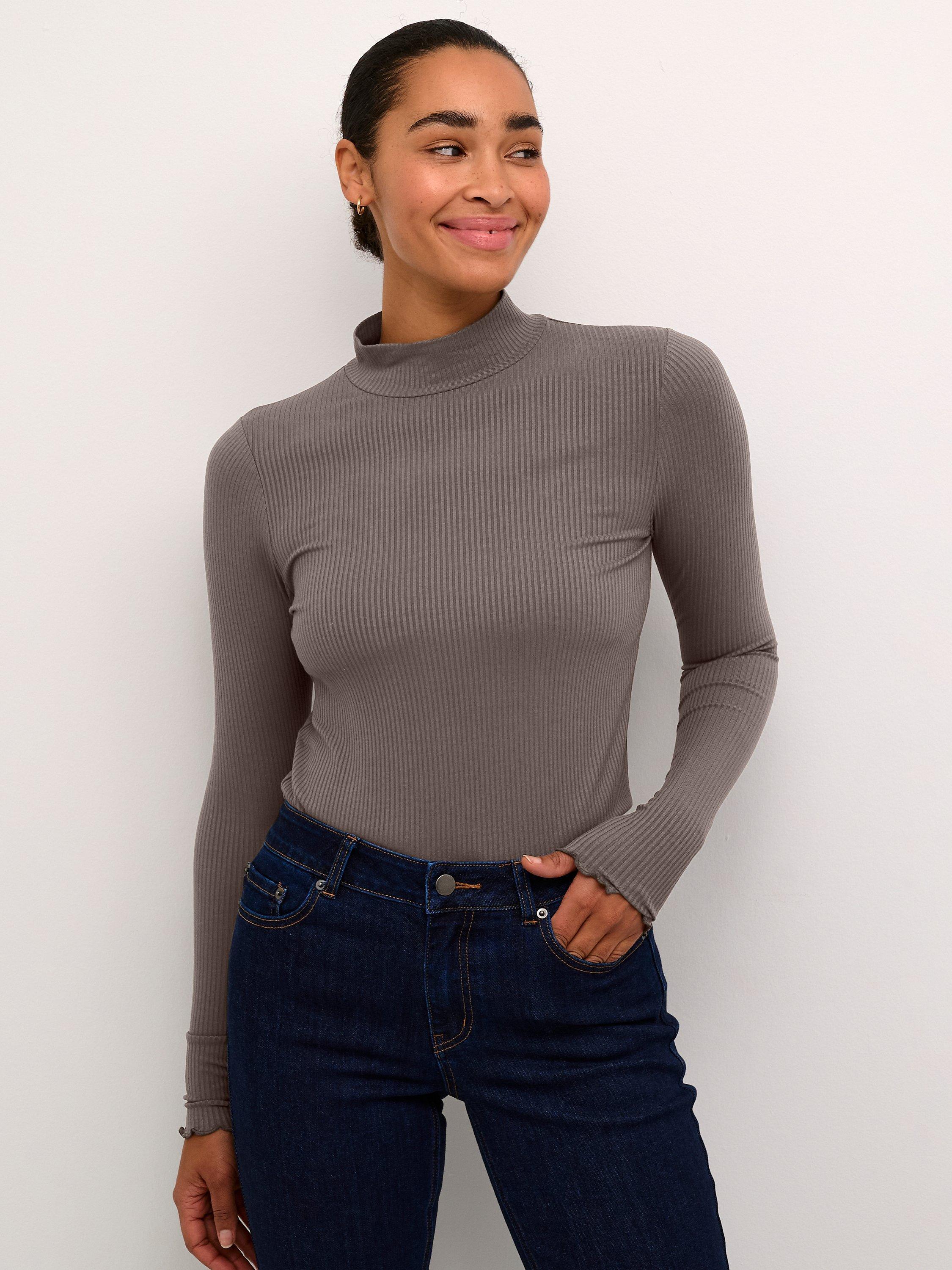 Product image 1 of 6, which shows KAFFE Drew Turtleneck Long Sleeve T-Shirt, Major Brown, XS