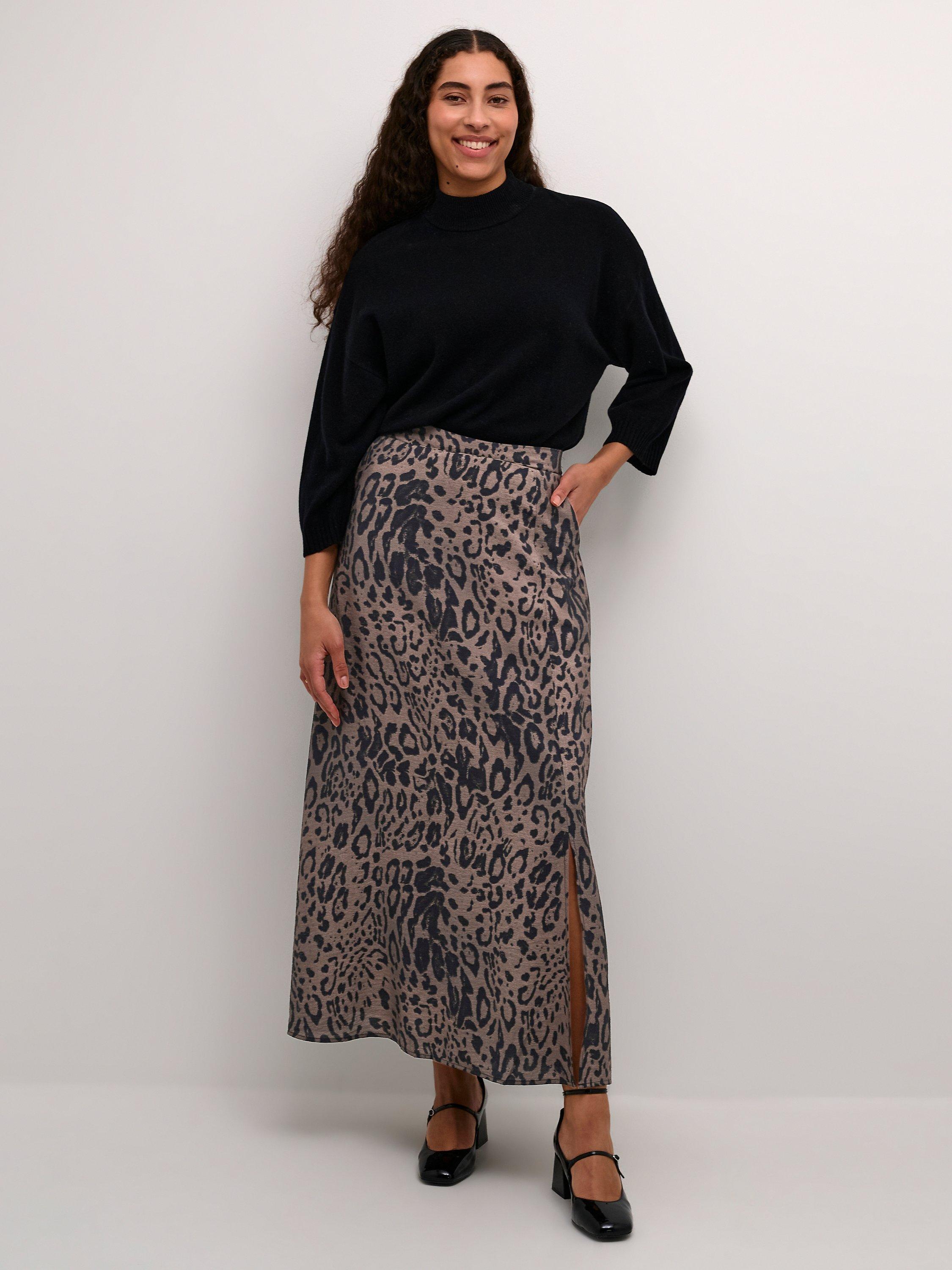 Product image 3 of 6, which shows KAFFE Jemma Animal Print Skirt, Brown/Black, 8