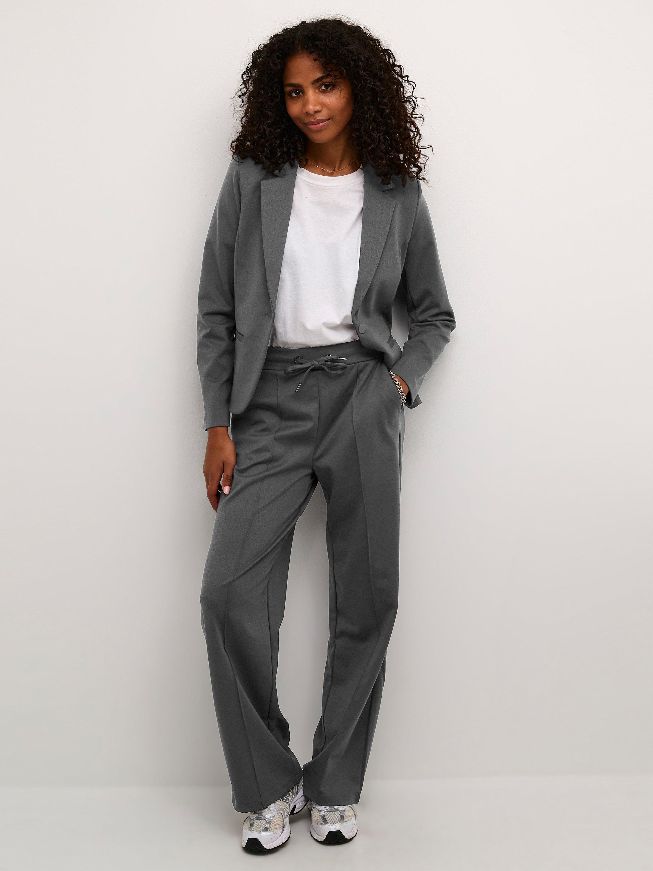 Product image 3 of 6, which shows KAFFE Jenny Wide Leg Tie Waist Trousers, Black Oyster, XS
