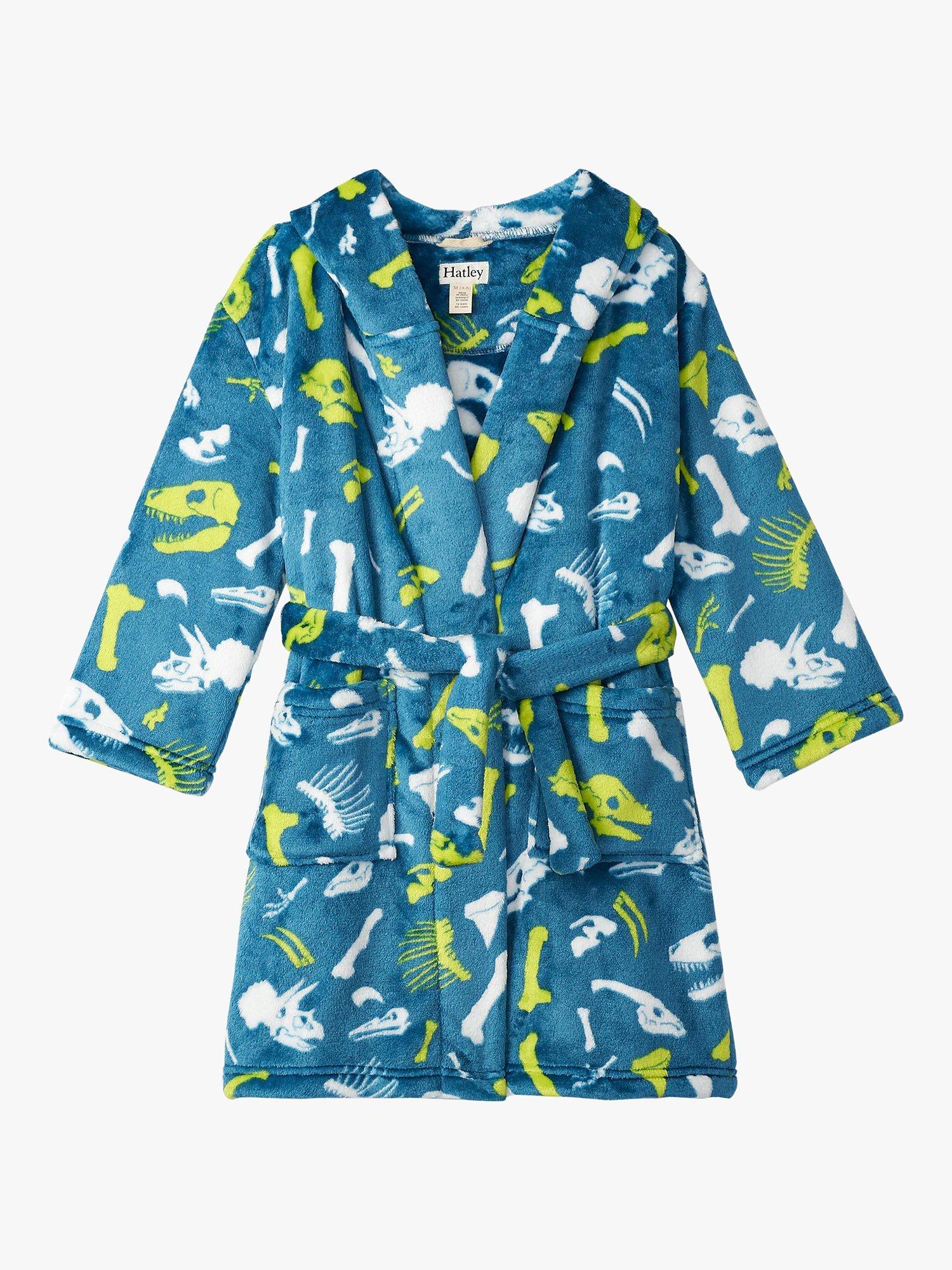 Hatley Kids Dino Fossils Print Fuzzy Fleece Dressing Gown Moroccan Blue