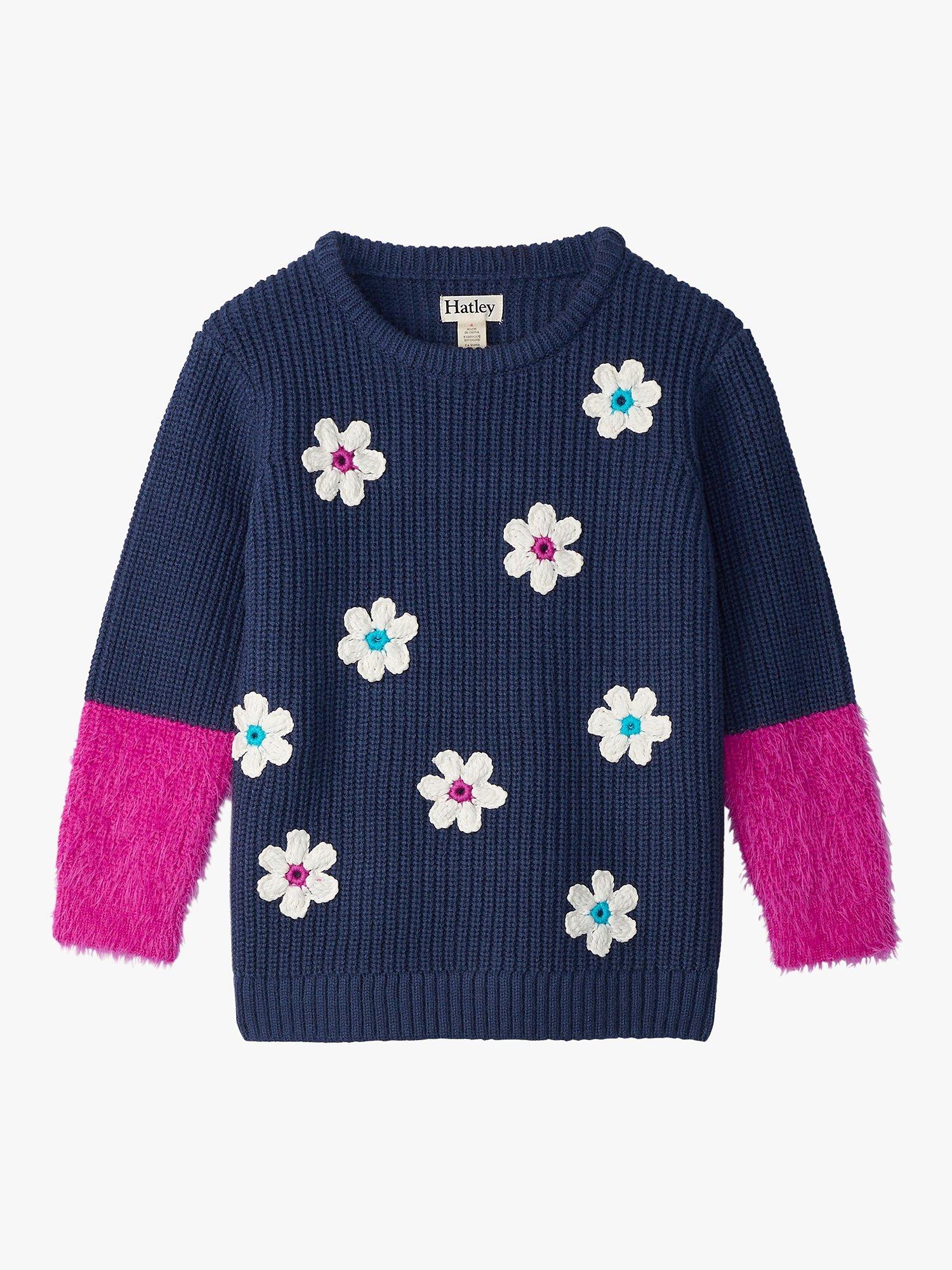 Hatley Kids' Throwback Flowers Fluffy Sleeve Jumper, Patriot Blue, 10 years
