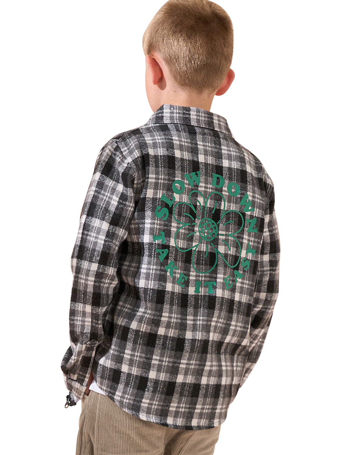 Product image 2 of 6, which shows Angel & Rocket Kids' Stone Brushed Checked Shirt, Stone, 4 years