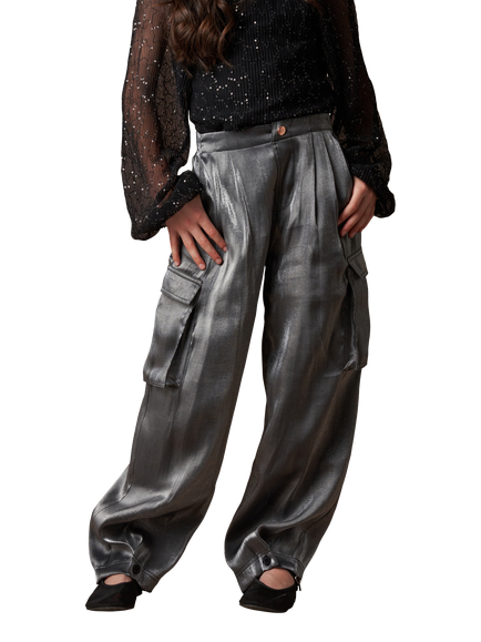 Angel & Rocket Kids' Vivienne Hammered Satin Cargo Trousers, Silver, Silver