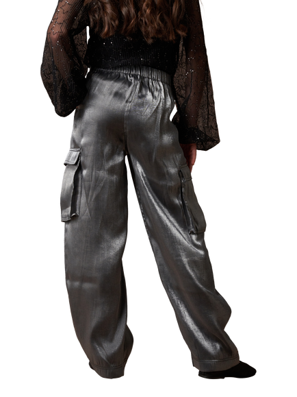 Angel & Rocket Kids' Vivienne Hammered Satin Cargo Trousers, Silver - view 2, Silver