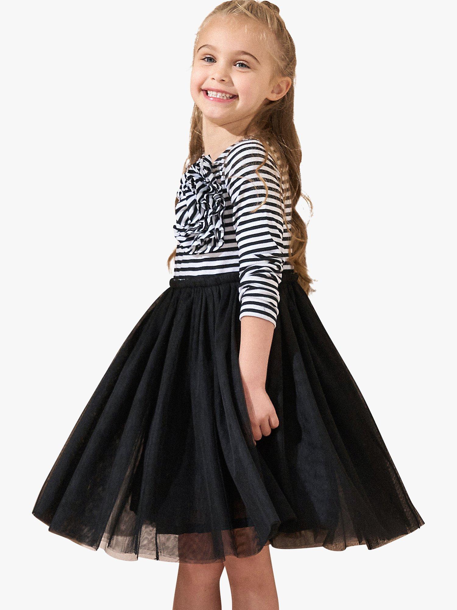 Product image 1 of 7, which shows Angel & Rocket Kids' Stripe & Mesh Midi Dress, Black, 11 years