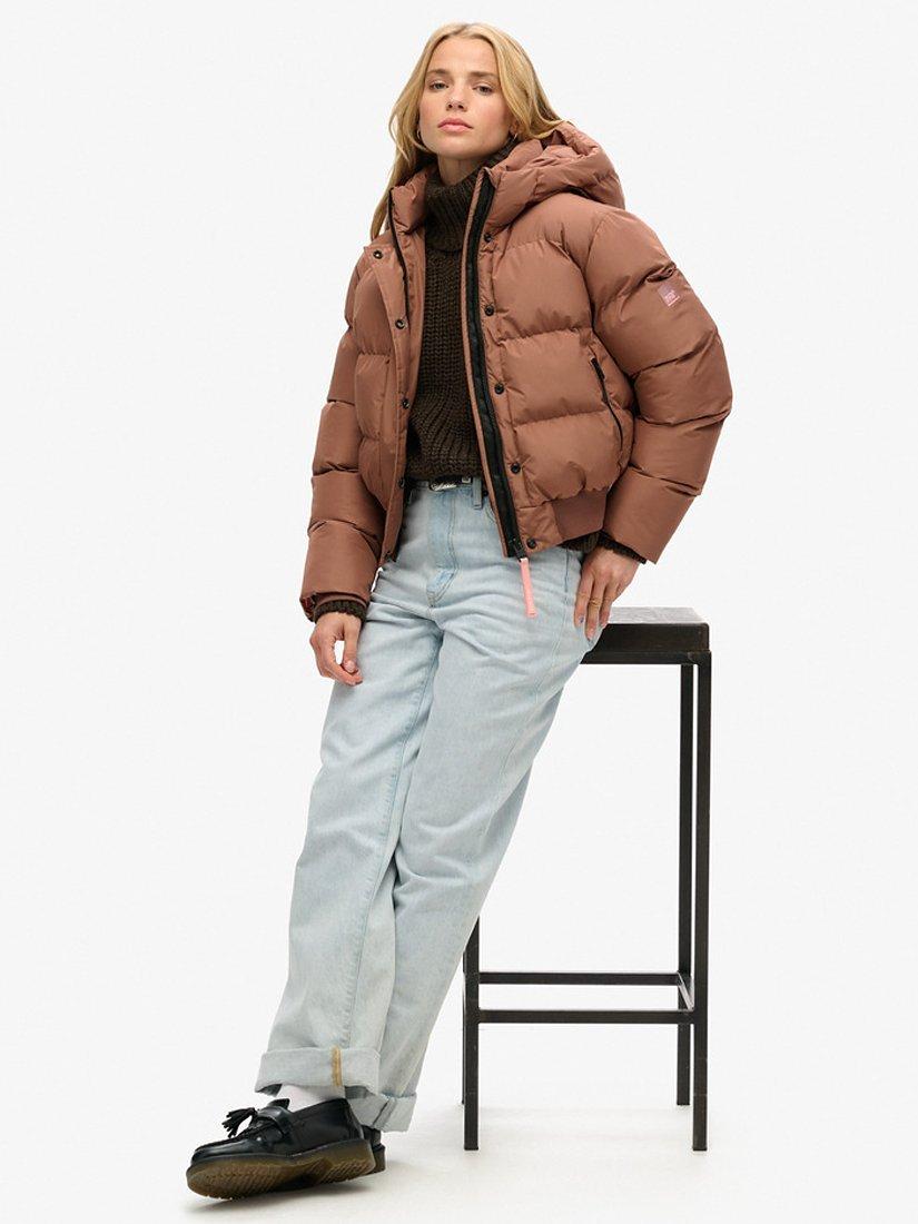 Product image 3 of 6, which shows Superdry Hooded Sports Puffer Bomber Jacket, Nutmeg Spice Brown, 8