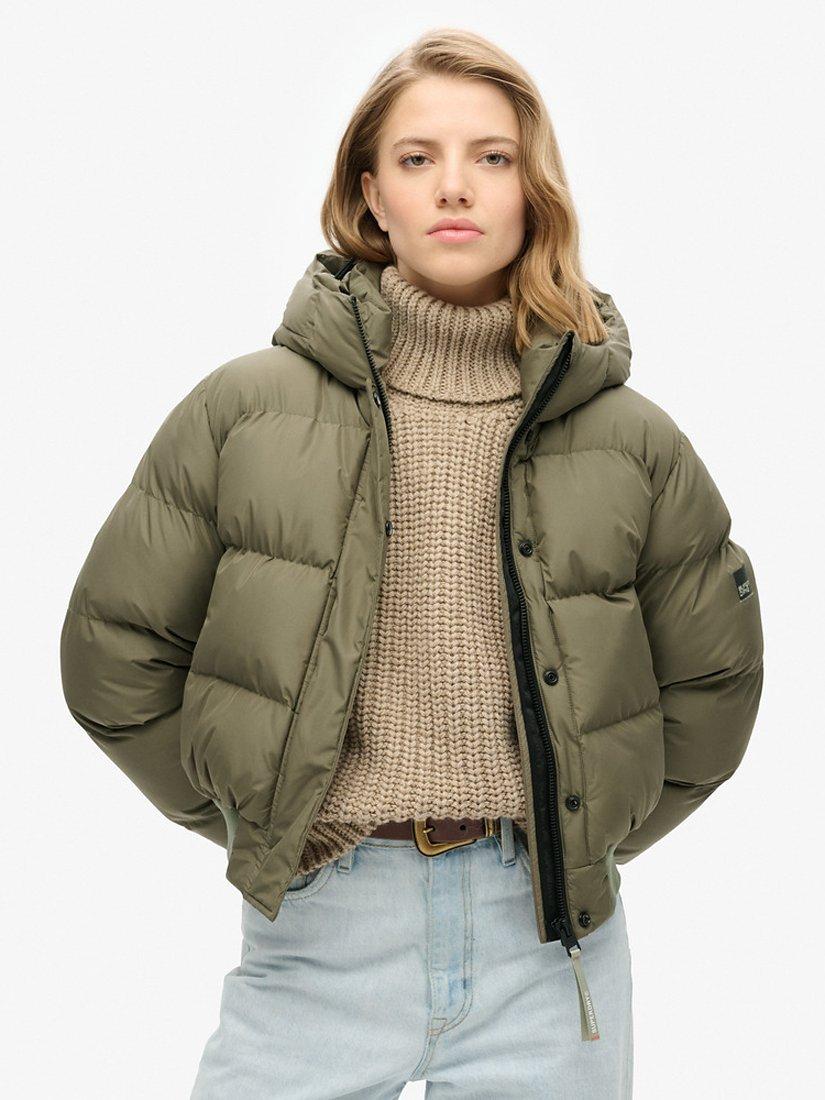 Product image 1 of 6, which shows Superdry Hooded Sports Puffer Bomber Jacket, Dusty Olive Green, 8