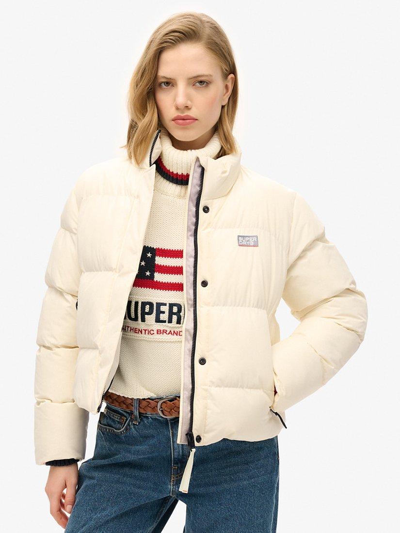 Product image 1 of 7, which shows Superdry Sports Puffer Cropped Jacket, Off White, 8