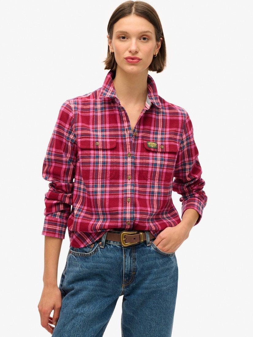 Product image 1 of 7, which shows Superdry Lumberjack Check Flannel Organic Cotton Shirt, Berry Red/Multi, 8