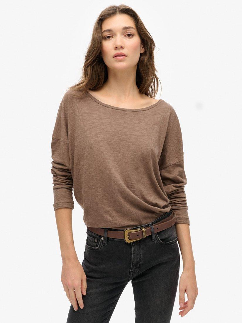 Superdry Long Sleeve Jersey Top, Nut Brown Marl