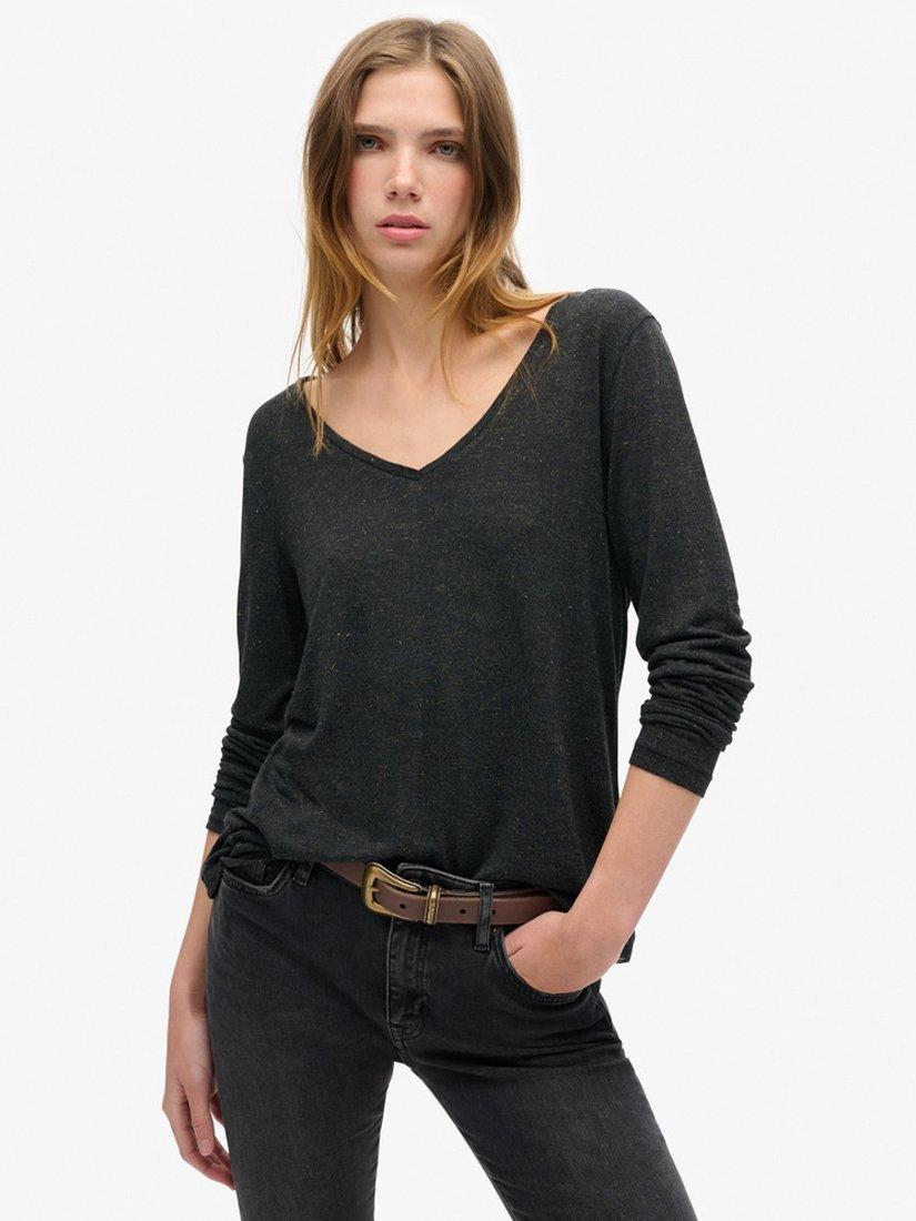 Superdry Long Sleeve V Neck Jersey Top, Black Metalic