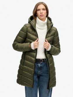 Superdry Fuji Mid Length Padded Hooded Coat, Dusty Olive Green