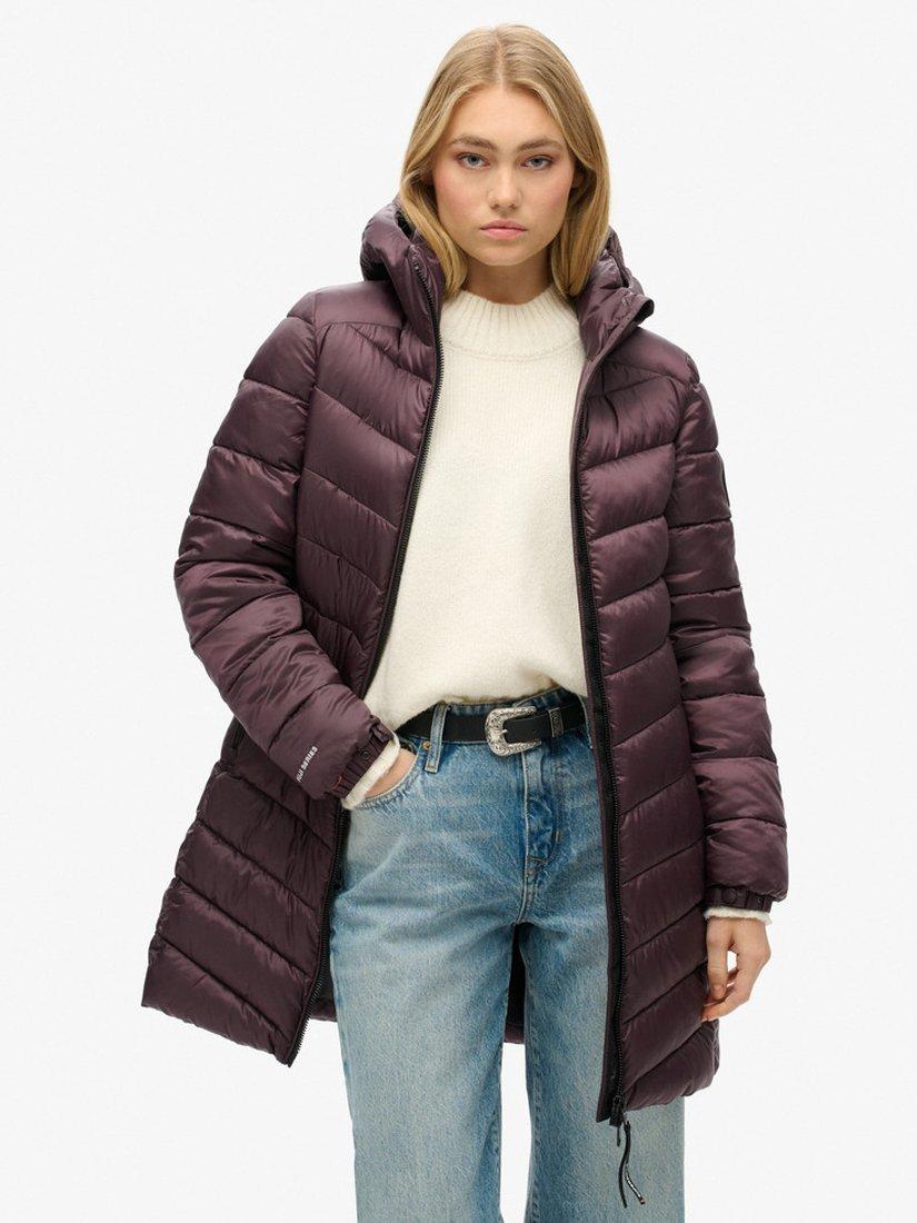 Product image 1 of 6, which shows Superdry Fuji Mid Length Padded Hooded Coat, Aubergine Purple, 8