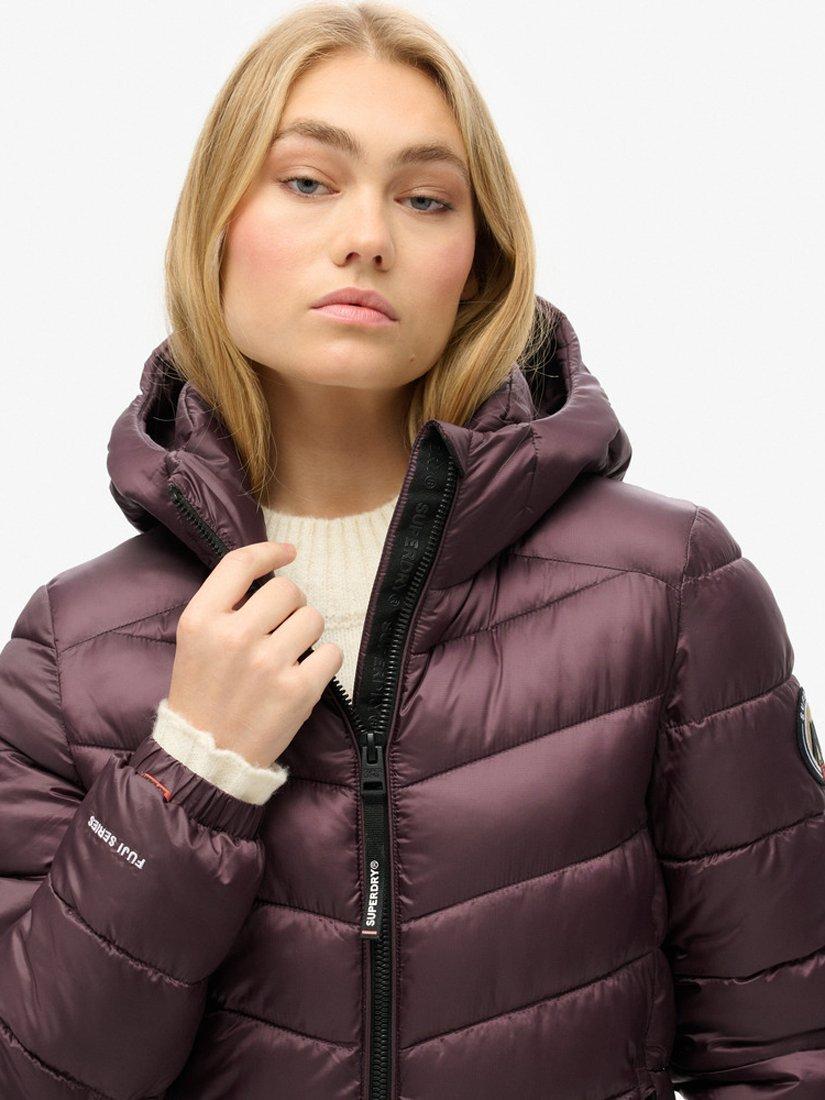 Product image 3 of 6, which shows Superdry Fuji Mid Length Padded Hooded Coat, Aubergine Purple, 8