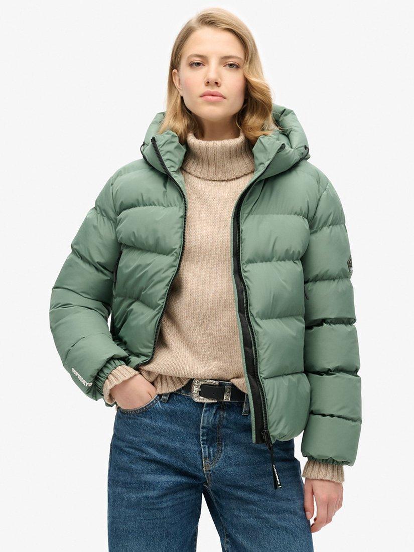 Product image 1 of 7, which shows Superdry Hooded Sports Puffer Jacket, Laurel Khaki, 8