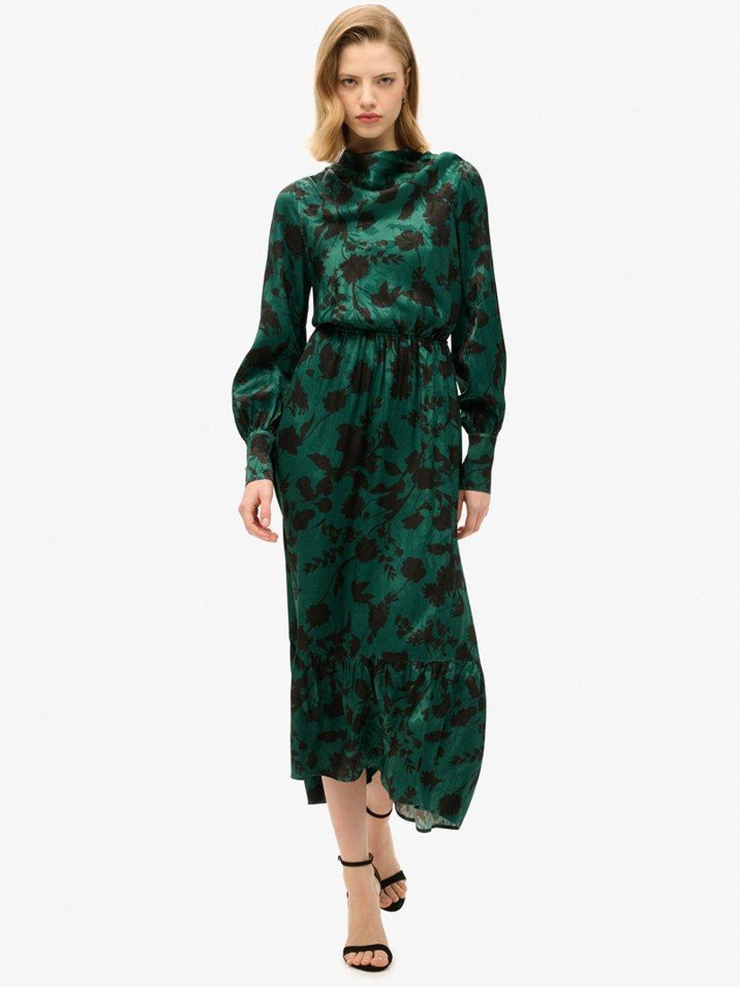 Product image 1 of 6, which shows Superdry Maxi Cowl Neck Jacquard Dress, Sketch Floral Teal, 8