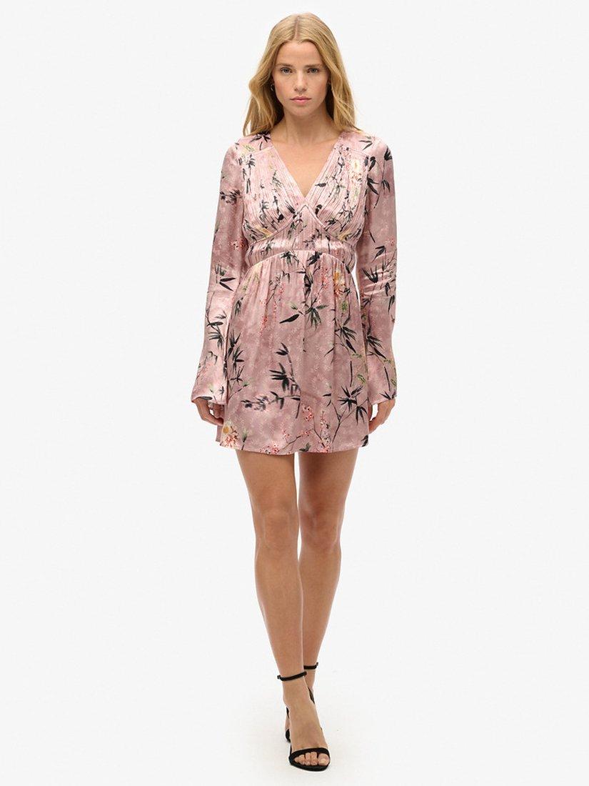 Product image 1 of 6, which shows Superdry Flare Sleeve Jacquard Mini Dress, Blush/Multi, 8