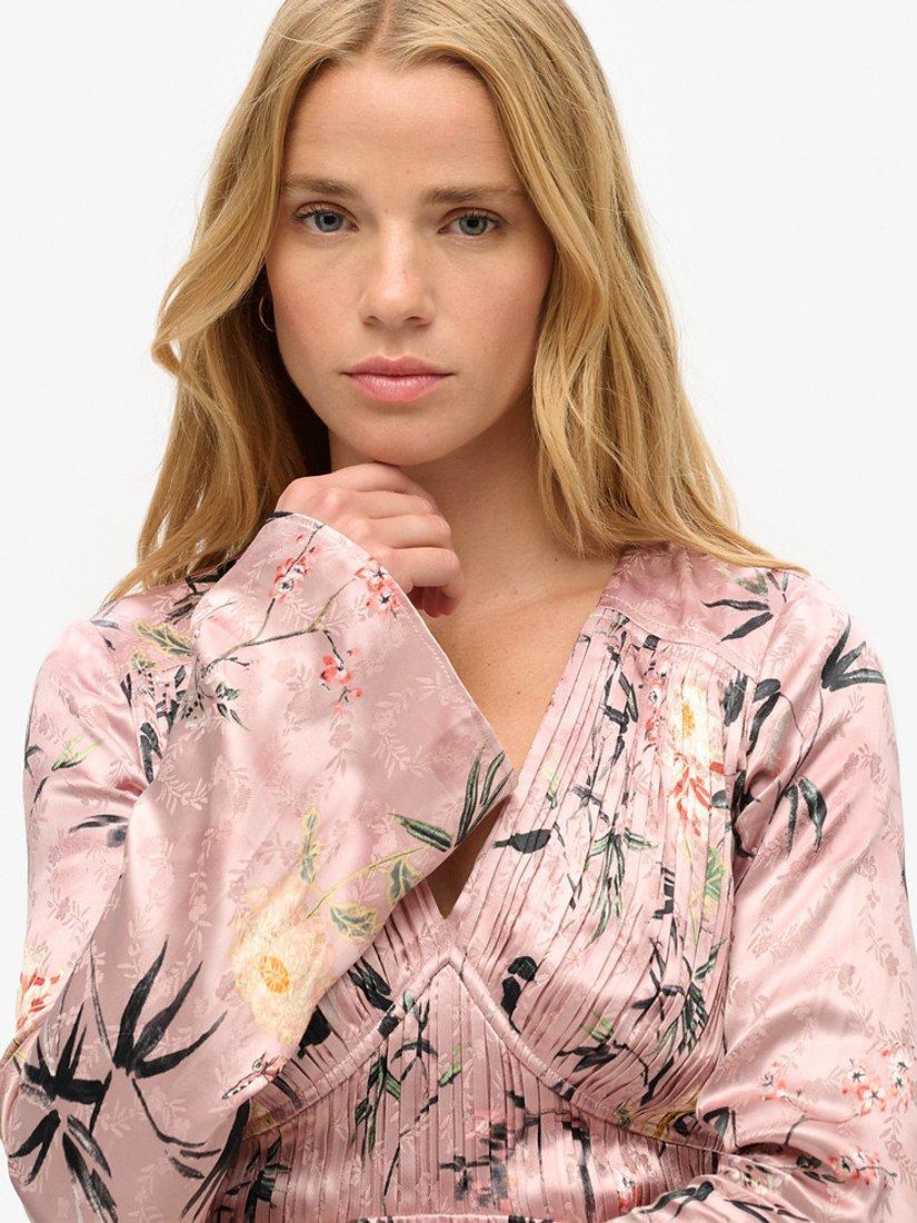 Product image 4 of 6, which shows Superdry Flare Sleeve Jacquard Mini Dress, Blush/Multi, 8