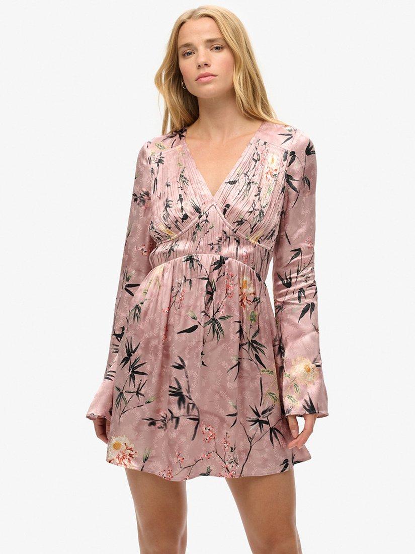 Superdry Flare Sleeve Jacquard Mini Dress, Blush/Multi, 8