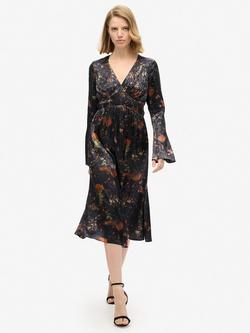 Superdry Flare Sleeve Jacquard Midi Dress, Alpine Lake Black, Alpine Lake Black