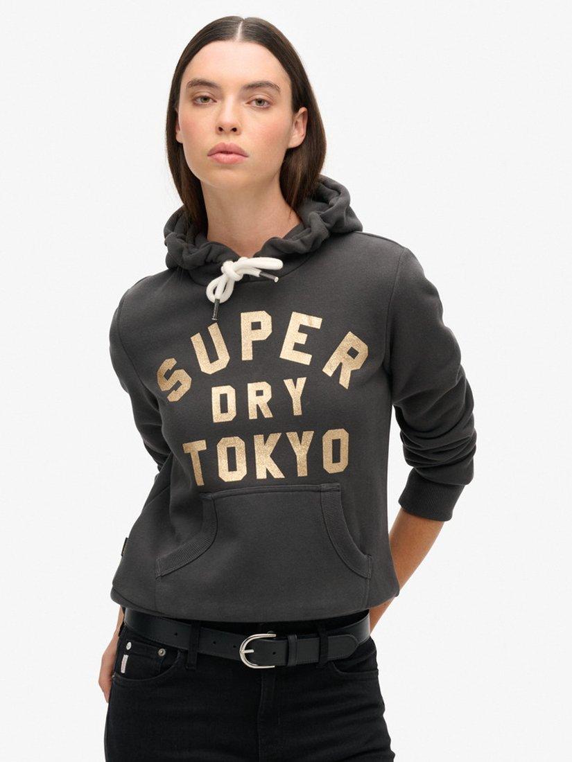 Superdry Glitter Graphic Logo Hoodie, Washed Black