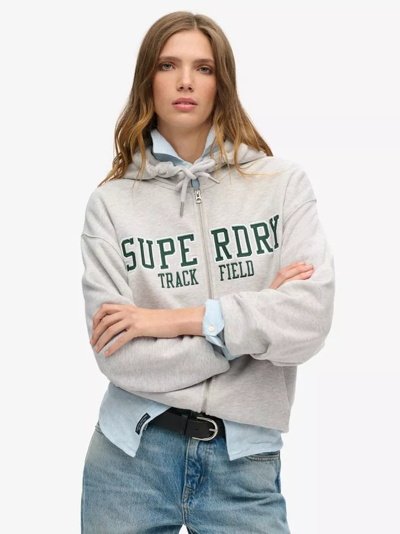 Superdry College Logo Boyfriend Zip Hoodie Cadet Grey Marl