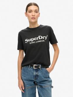 Superdry Metallic Embellished Venue Relaxed T-Shirt, White/Black, Jet Black