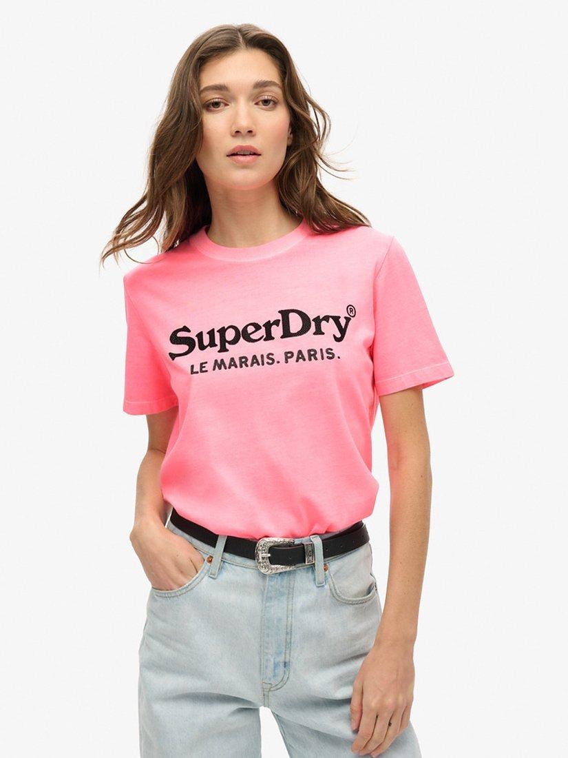 Product image 1 of 6, which shows Superdry Metallic Embellished Venue Relaxed T-Shirt, White/Black, Punk Pink, 8
