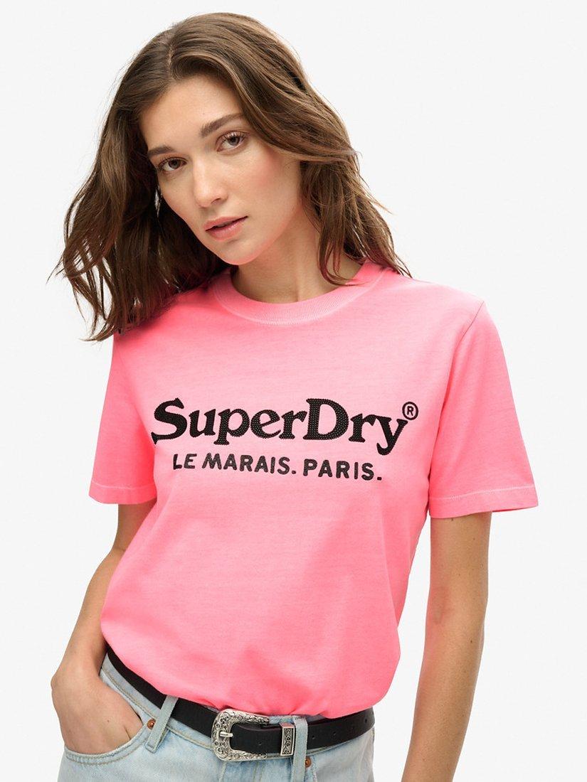 Product image 5 of 6, which shows Superdry Metallic Embellished Venue Relaxed T-Shirt, White/Black, Punk Pink, 8